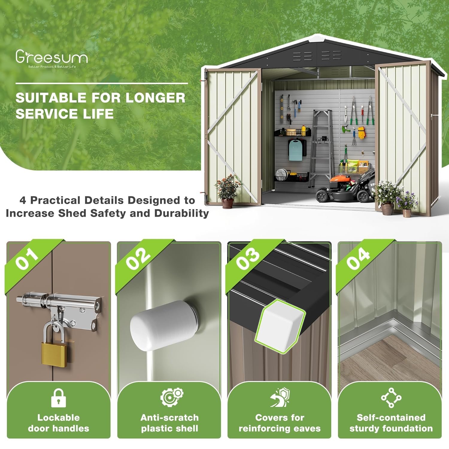 Greesum 8x6FT Outdoor Storage Shed, Utility Tool Shed with Sloping Roof, Metal Storaged Garden Shed with Door & Lock for Patio Storage, Light Brown Greesum 8x6FT Outdoor Storage Shed, Utility Tool Shed with Sloping Roof, Metal Storaged Garden Shed with Door & Lock for Patio Storage, Light Brown