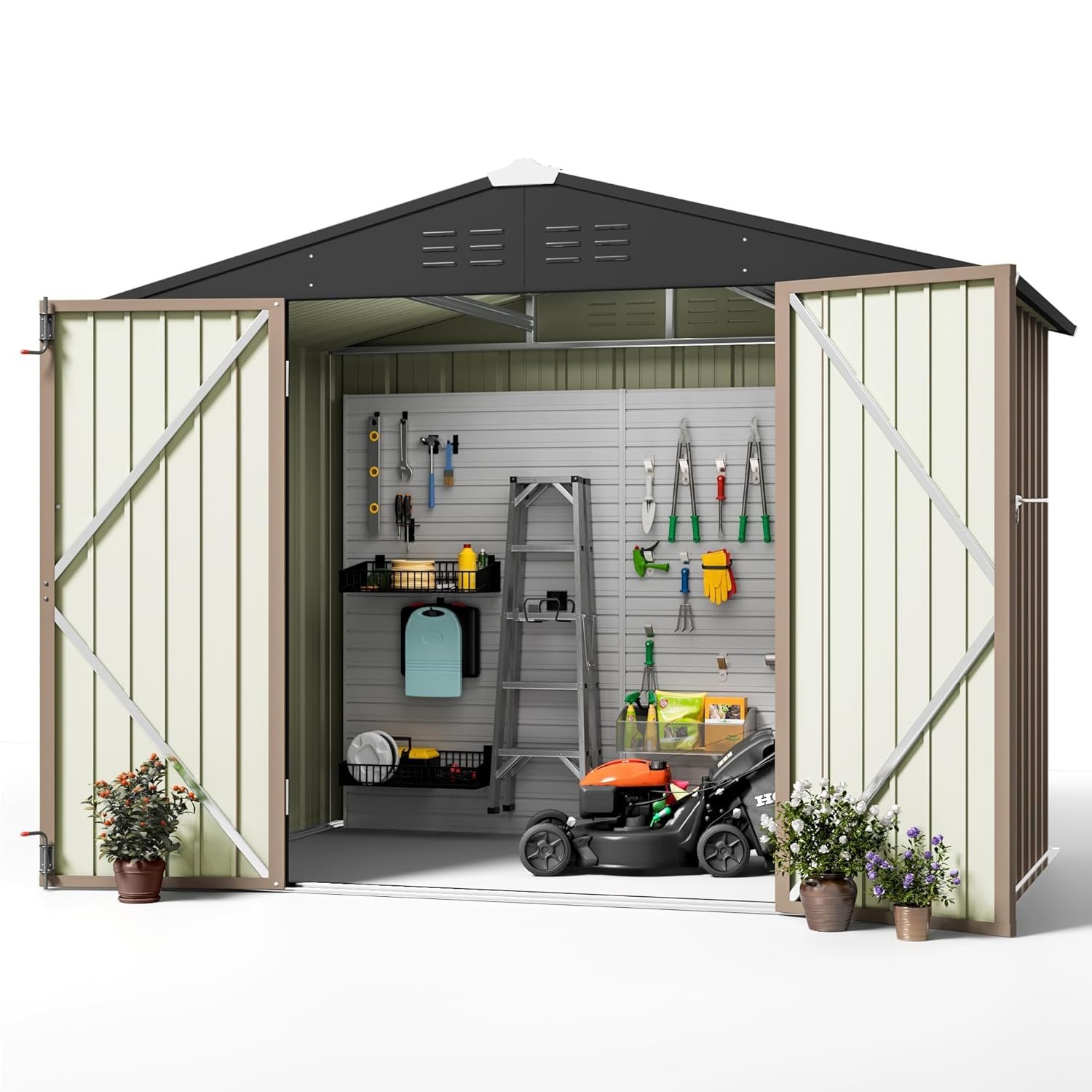 Greesum 8x6FT Outdoor Storage Shed, Utility Tool Shed with Sloping Roof, Metal Storaged Garden Shed with Door & Lock for Patio Storage, Light Brown Greesum 8x6FT Outdoor Storage Shed, Utility Tool Shed with Sloping Roof, Metal Storaged Garden Shed with Door & Lock for Patio Storage, Light Brown