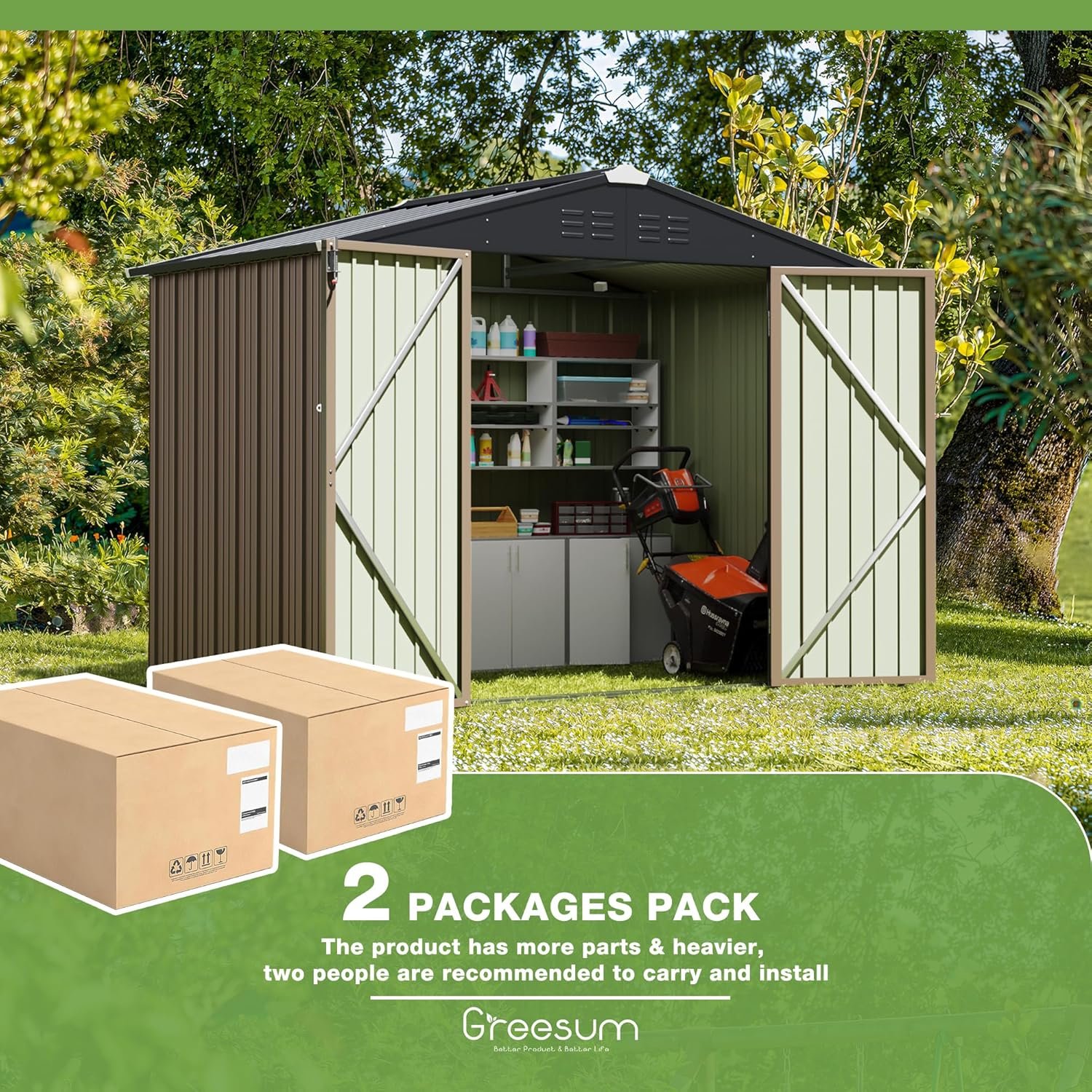 Greesum 8x6FT Outdoor Storage Shed, Utility Tool Shed with Sloping Roof, Metal Storaged Garden Shed with Door & Lock for Patio Storage, Light Brown Greesum 8x6FT Outdoor Storage Shed, Utility Tool Shed with Sloping Roof, Metal Storaged Garden Shed with Door & Lock for Patio Storage, Light Brown