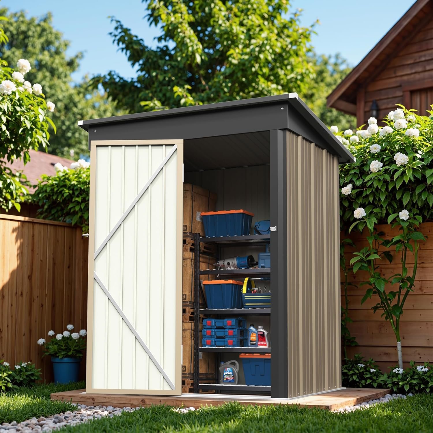 Greesum Outdoor Storage Shed 5 x 3 ft. Utility Tool Shed Metal Storage Garden Shed with Door & Lock for Patio Storage, Brown Greesum Outdoor Storage Shed 5 x 3 ft. Utility Tool Shed Metal Storage Garden Shed with Door & Lock for Patio Storage, Brown