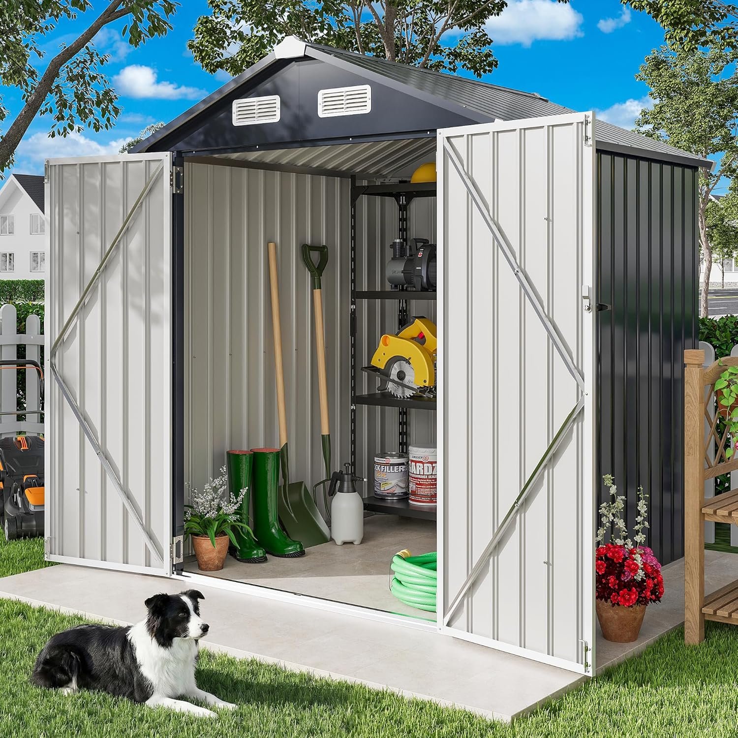 IRONCK 5.7x5.7FT Storage Shed, Outdoor Tool Shed with Lockable Doors and Breathable Vent, Outside Metal Garden Storage for Poolside, Backyard, Patio, Dark Blue IRONCK 5.7x5.7FT Storage Shed, Outdoor Tool Shed with Lockable Doors and Breathable Vent, Outside Metal Garden Storage for Poolside, Backyard, Patio, Dark Blue