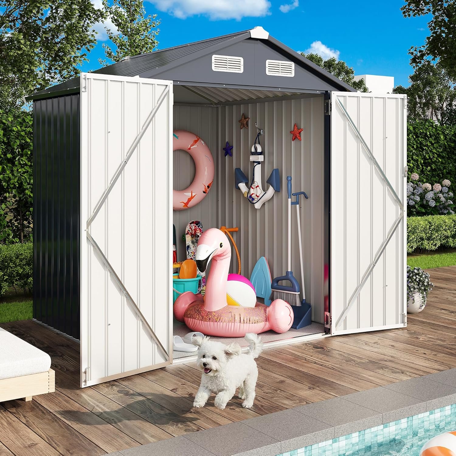 IRONCK 5.7x5.7FT Storage Shed, Outdoor Tool Shed with Lockable Doors and Breathable Vent, Outside Metal Garden Storage for Poolside, Backyard, Patio, Dark Blue IRONCK 5.7x5.7FT Storage Shed, Outdoor Tool Shed with Lockable Doors and Breathable Vent, Outside Metal Garden Storage for Poolside, Backyard, Patio, Dark Blue