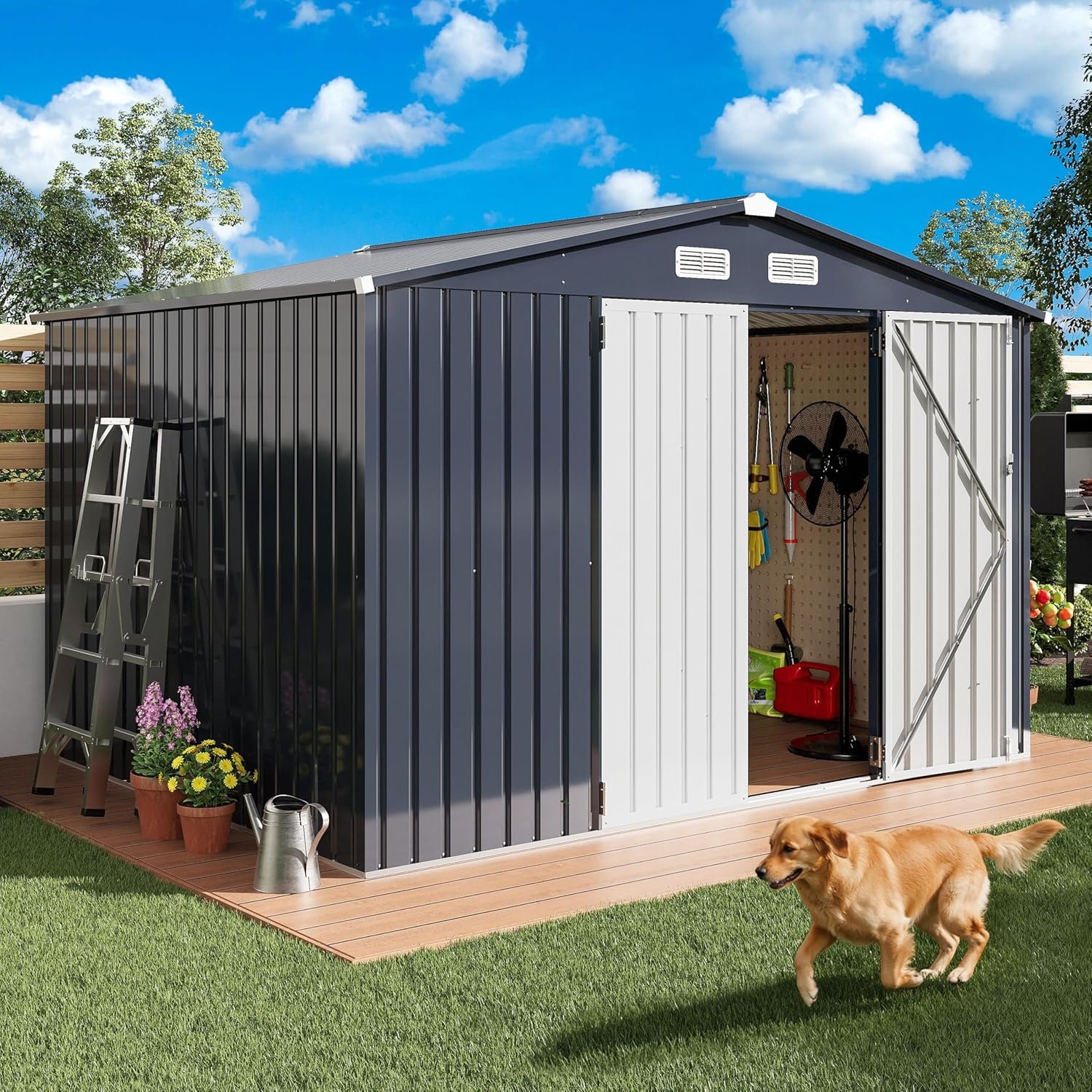 IRONCK 5.7x5.7FT Storage Shed, Outdoor Tool Shed with Lockable Doors and Breathable Vent, Outside Metal Garden Storage for Poolside, Backyard, Patio, Dark Blue IRONCK 5.7x5.7FT Storage Shed, Outdoor Tool Shed with Lockable Doors and Breathable Vent, Outside Metal Garden Storage for Poolside, Backyard, Patio, Dark Blue