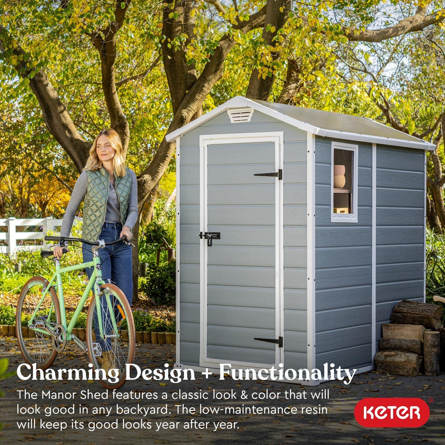 Keter Manor 4x6 Resin Outdoor Storage Shed Kit-Perfect to Store Patio Furniture, Garden Tools Bike Accessories, Beach Chairs and Lawn Mower, Grey & White Keter Manor 4x6 Resin Outdoor Storage Shed Kit-Perfect to Store Patio Furniture, Garden Tools Bike Accessories, Beach Chairs and Lawn Mower, Grey & White