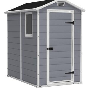 Keter Manor 4x6 Resin Outdoor Storage Shed Kit-Perfect to Store Patio Furniture, Garden Tools Bike Accessories, Beach Chairs and Lawn Mower, Grey & White