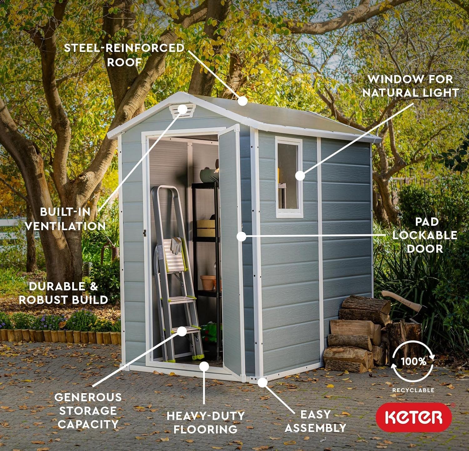 Keter Manor 4x6 Resin Outdoor Storage Shed Kit-Perfect to Store Patio Furniture, Garden Tools Bike Accessories, Beach Chairs and Lawn Mower, Grey & White Keter Manor 4x6 Resin Outdoor Storage Shed Kit-Perfect to Store Patio Furniture, Garden Tools Bike Accessories, Beach Chairs and Lawn Mower, Grey & White