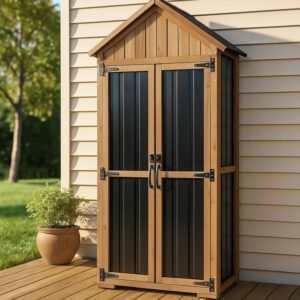 Ketive Outdoor Storage Cabinet, Wood & Metal Storage Shed with Weather-Resistant Roof, Adjustable Shelf, Lockable Doors & Adjustable Feet, for Garden, Patio, Backyard, 27.5" x...
