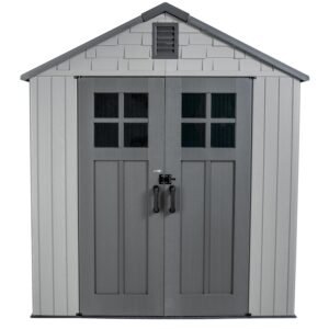 Lifetime 7x7 Ft Outdoor Storage Shed, Architect Series, Gray HDPE Construction, Steel-Reinforced Walls, UV-Protected, with Windows and Lockable Doors, 335.3 Cubic Feet Capacity