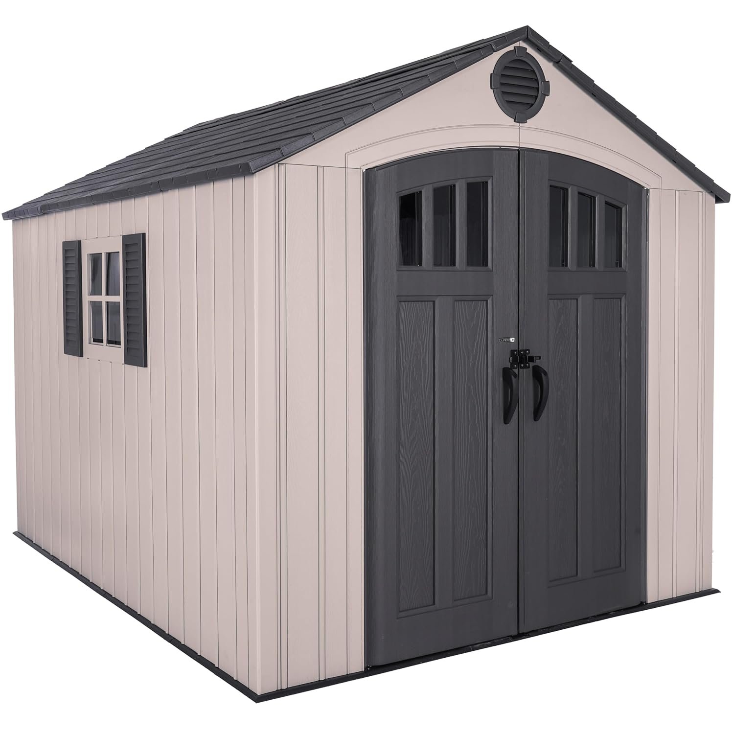 Lifetime 8 x 10 Ft Outdoor Storage Shed, Dual-Wall HDPE Construction, Steel-Reinforced, Skylight and Window with Decorative Shutters, Lockable Doors, Vents, UV-Protected, Desert...