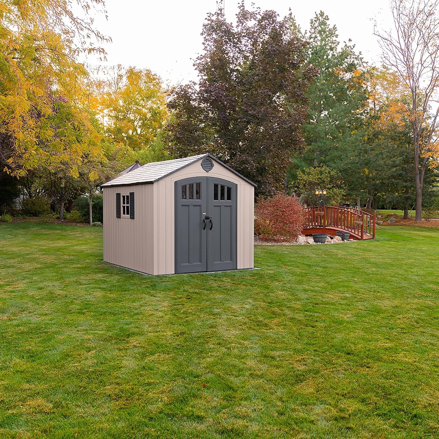 Lifetime 8 x 10 Ft Outdoor Storage Shed, Dual-Wall HDPE Construction, Steel-Reinforced, Skylight and Window with Decorative Shutters, Lockable Doors, Vents, UV-Protected, Desert... Lifetime 8 x 10 Ft Outdoor Storage Shed, Dual-Wall HDPE Construction, Steel-Reinforced, Skylight and Window with Decorative Shutters, Lockable Doors, Vents, UV-Protected, Desert...