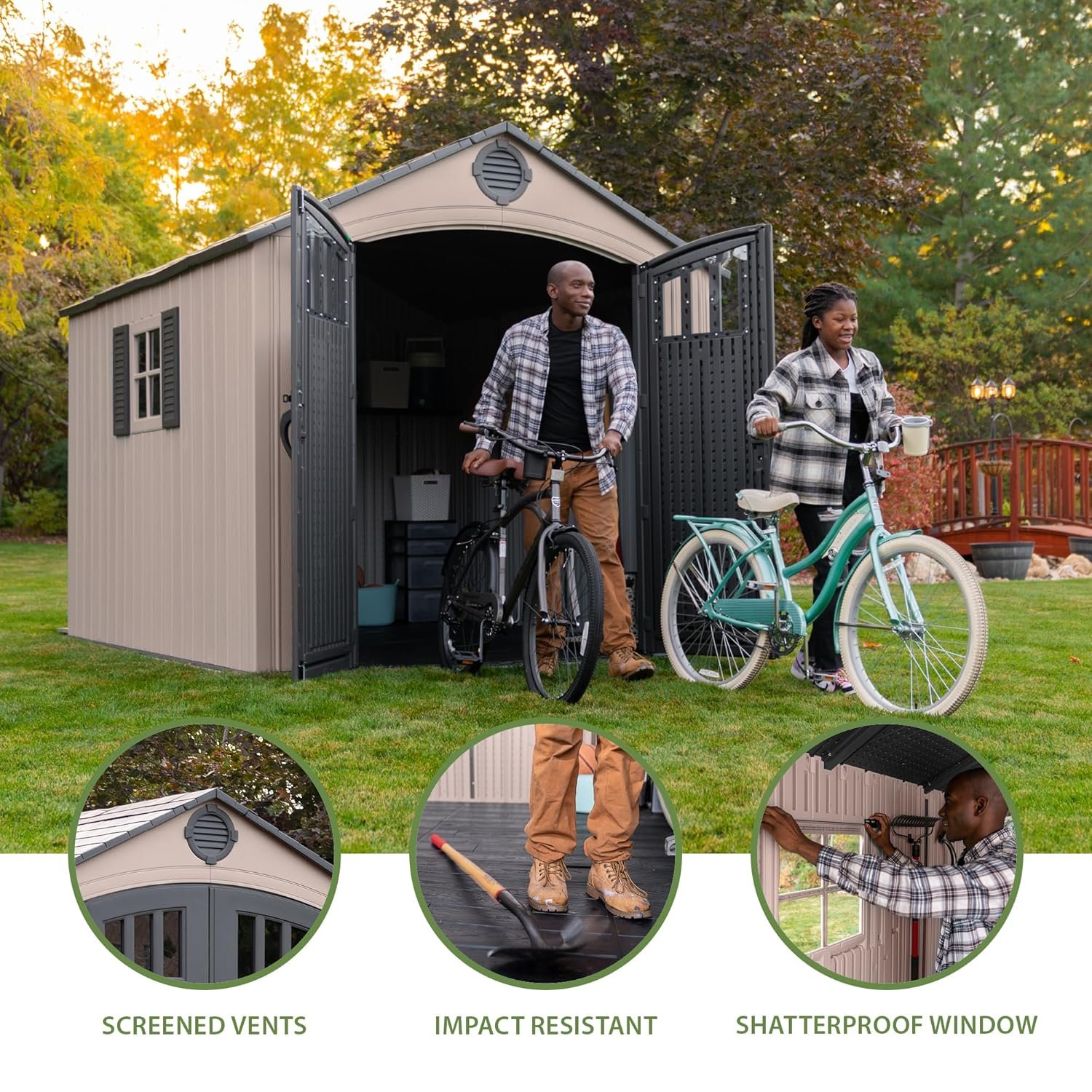Lifetime 8 x 10 Ft Outdoor Storage Shed, Dual-Wall HDPE Construction, Steel-Reinforced, Skylight and Window with Decorative Shutters, Lockable Doors, Vents, UV-Protected, Desert... Lifetime 8 x 10 Ft Outdoor Storage Shed, Dual-Wall HDPE Construction, Steel-Reinforced, Skylight and Window with Decorative Shutters, Lockable Doors, Vents, UV-Protected, Desert...