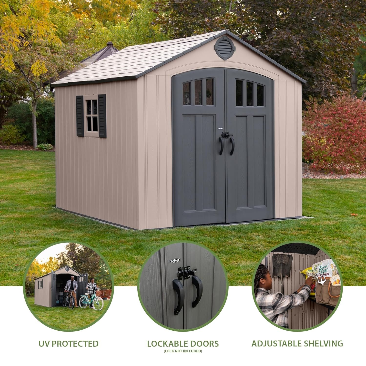 Lifetime 8 x 10 Ft Outdoor Storage Shed, Dual-Wall HDPE Construction, Steel-Reinforced, Skylight and Window with Decorative Shutters, Lockable Doors, Vents, UV-Protected, Desert... Lifetime 8 x 10 Ft Outdoor Storage Shed, Dual-Wall HDPE Construction, Steel-Reinforced, Skylight and Window with Decorative Shutters, Lockable Doors, Vents, UV-Protected, Desert...