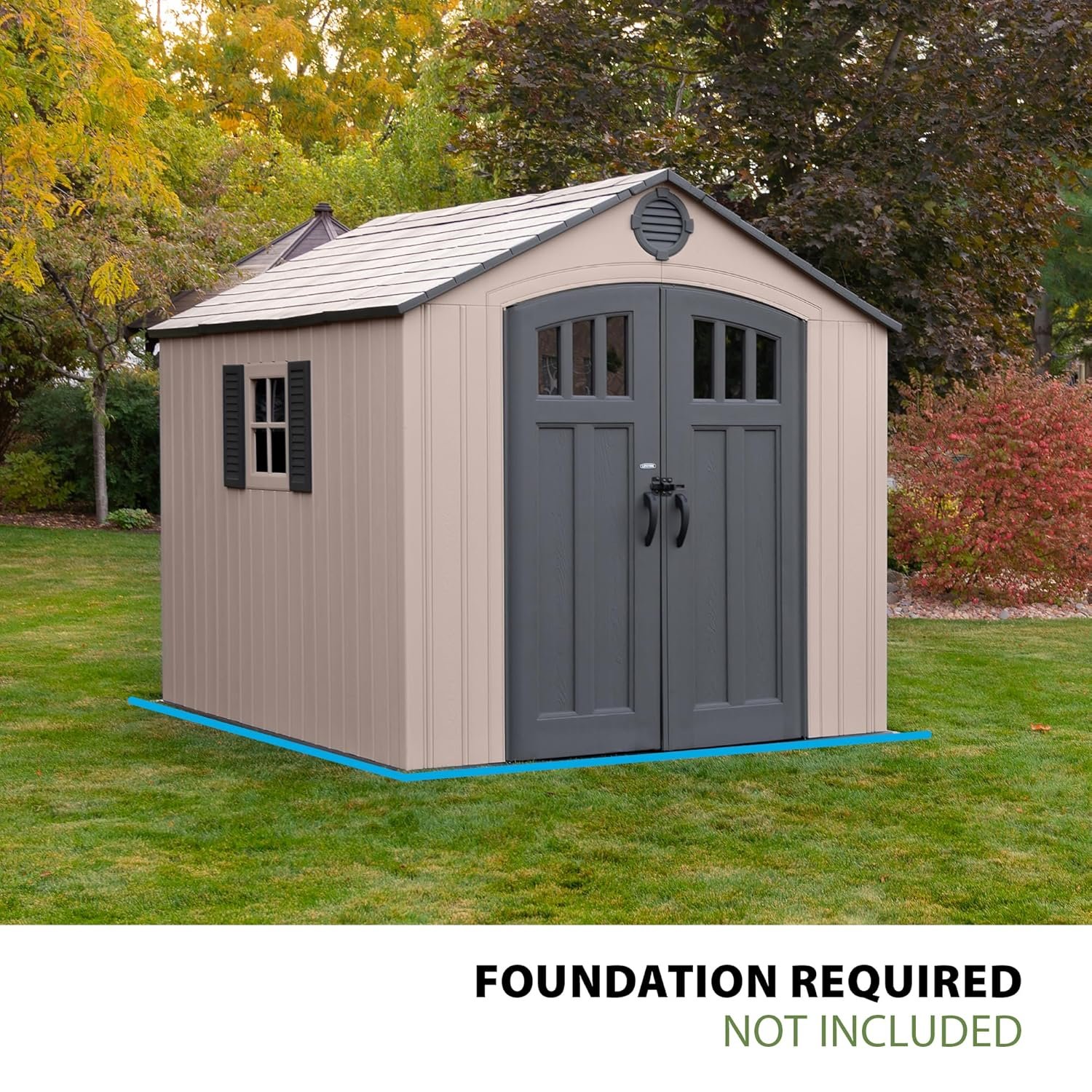 Lifetime 8 x 10 Ft Outdoor Storage Shed, Dual-Wall HDPE Construction, Steel-Reinforced, Skylight and Window with Decorative Shutters, Lockable Doors, Vents, UV-Protected, Desert... Lifetime 8 x 10 Ft Outdoor Storage Shed, Dual-Wall HDPE Construction, Steel-Reinforced, Skylight and Window with Decorative Shutters, Lockable Doors, Vents, UV-Protected, Desert...