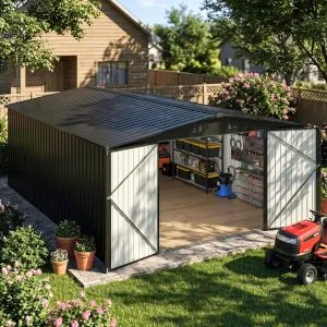 MNLR 10x14 FT Large Metal Storage Shed, Waterproof Outdoor Tool Shed with Lockable Double Hinged Door, Reinforced Frame Structure, Sloped Roof & Vents for Lawn Mower, Bikes &...