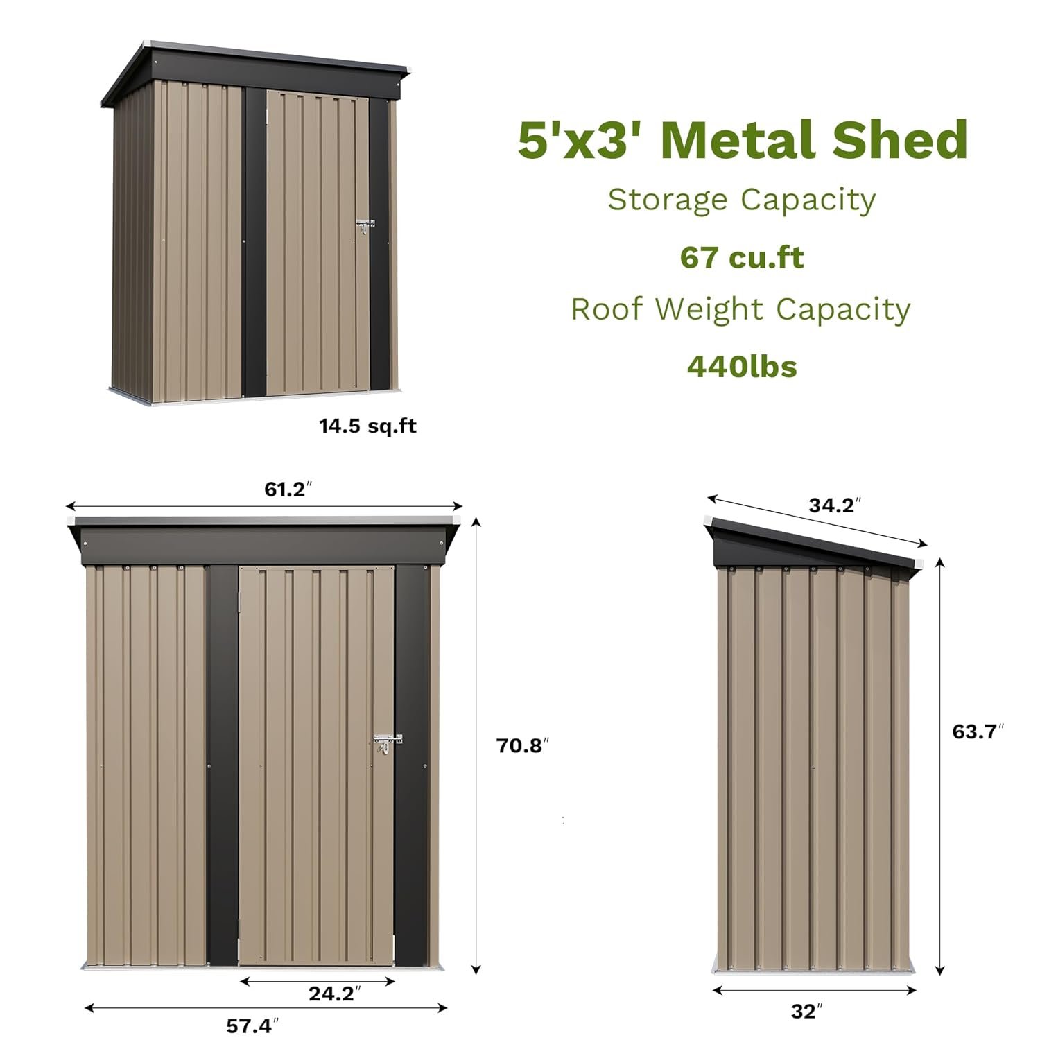 Patiowell 5x3 FT Outdoor Storage Shed, Tool Shed with Sloping Roof and Lockable Door, Metal Shed for Backyard Garden Patio Lawn, Brown Patiowell 5x3 FT Outdoor Storage Shed, Tool Shed with Sloping Roof and Lockable Door, Metal Shed for Backyard Garden Patio Lawn, Brown