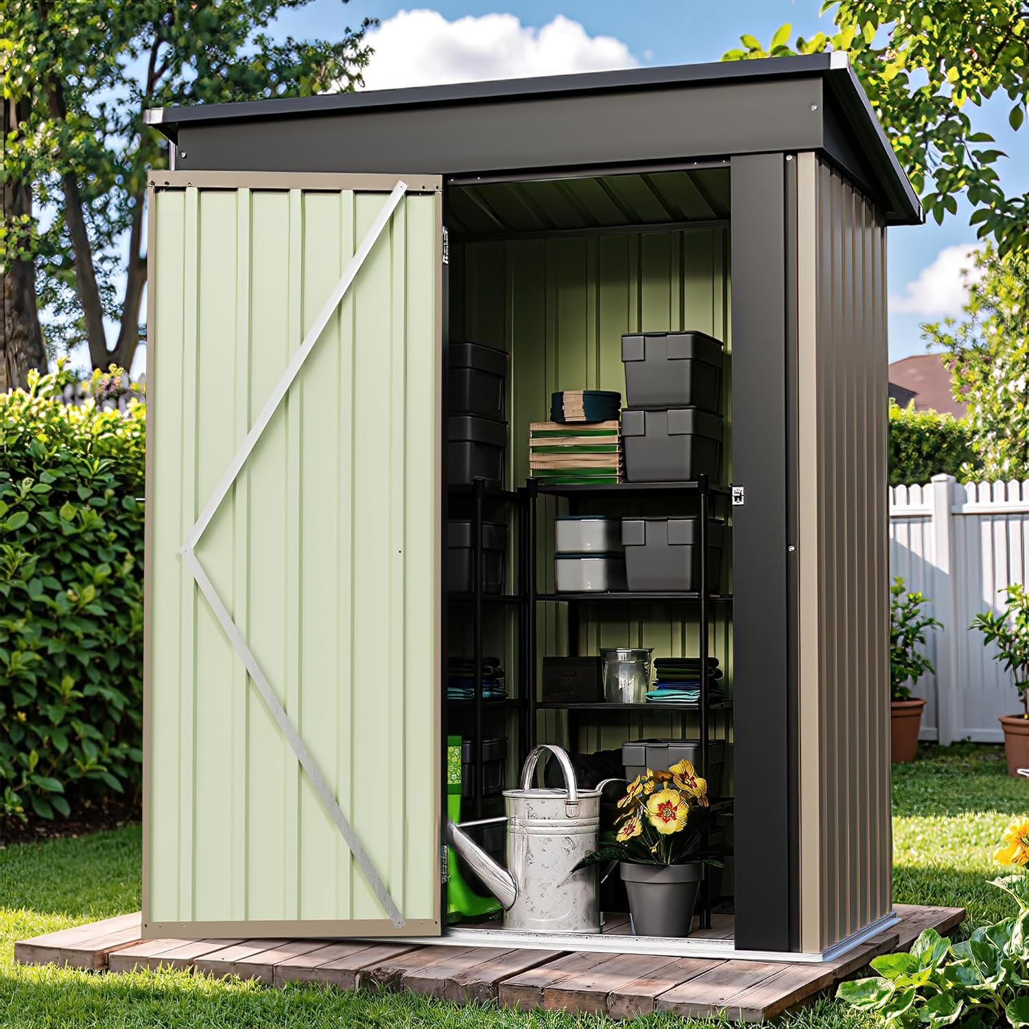 Patiowell 5x3 FT Outdoor Storage Shed, Tool Shed with Sloping Roof and Lockable Door, Metal Shed for Backyard Garden Patio Lawn, Brown Patiowell 5x3 FT Outdoor Storage Shed, Tool Shed with Sloping Roof and Lockable Door, Metal Shed for Backyard Garden Patio Lawn, Brown