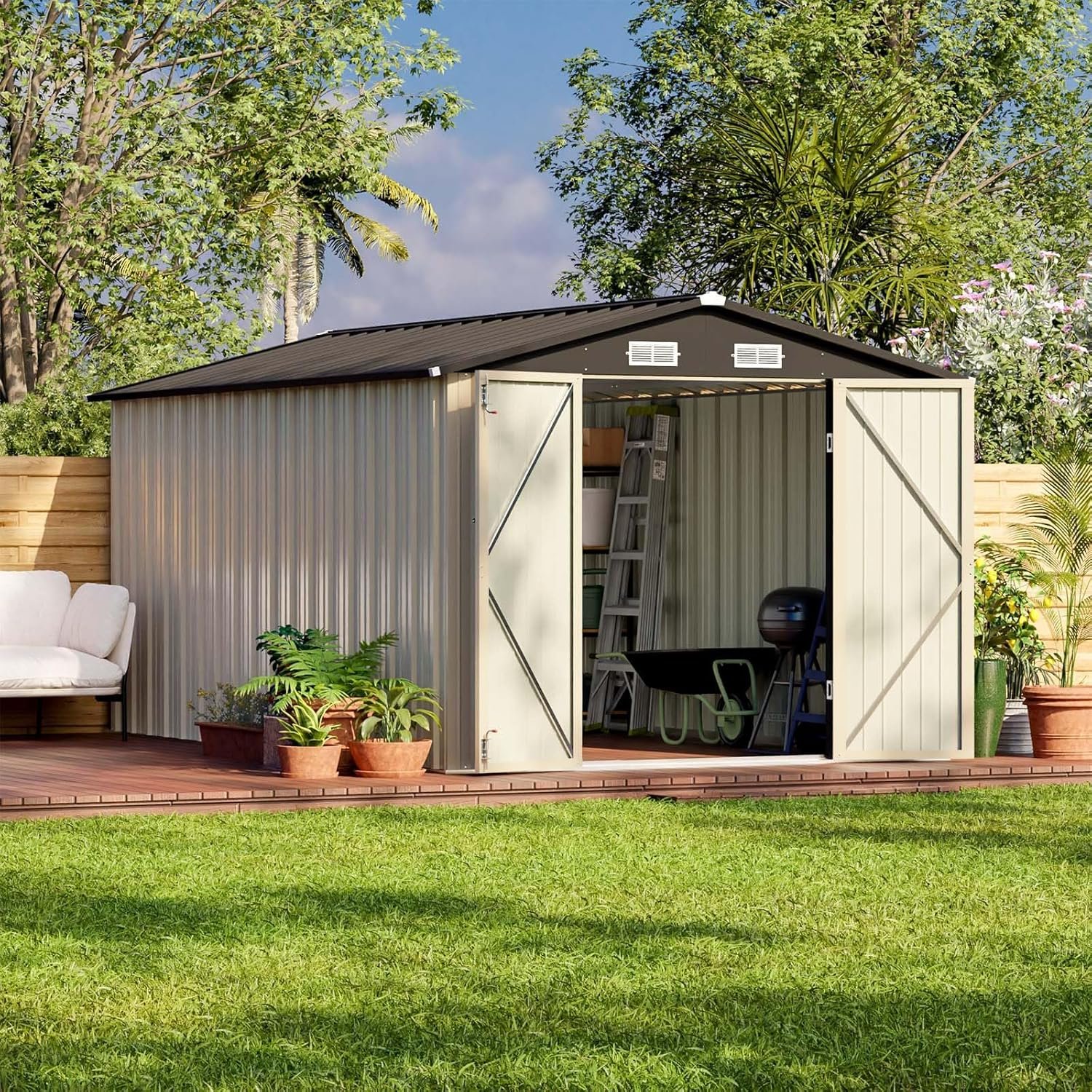 Patiowell 5x3 FT Outdoor Storage Shed, Tool Shed with Sloping Roof and Lockable Door, Metal Shed for Backyard Garden Patio Lawn, Brown Patiowell 5x3 FT Outdoor Storage Shed, Tool Shed with Sloping Roof and Lockable Door, Metal Shed for Backyard Garden Patio Lawn, Brown