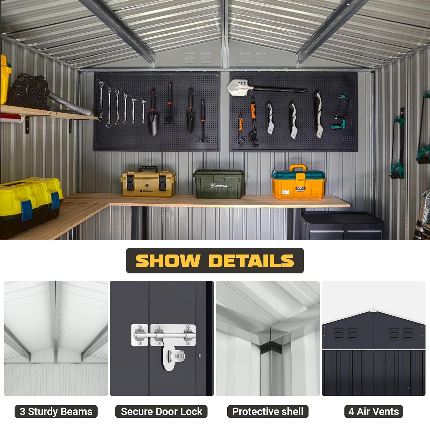 Polar Aurora 8 x 12 FT Outdoor Storage Shed, Metal Garden Shed with Updated Frame Structure, Tool Sheds for Backyard Garden Patio Lawn Black Polar Aurora 8 x 12 FT Outdoor Storage Shed, Metal Garden Shed with Updated Frame Structure, Tool Sheds for Backyard Garden Patio Lawn Black