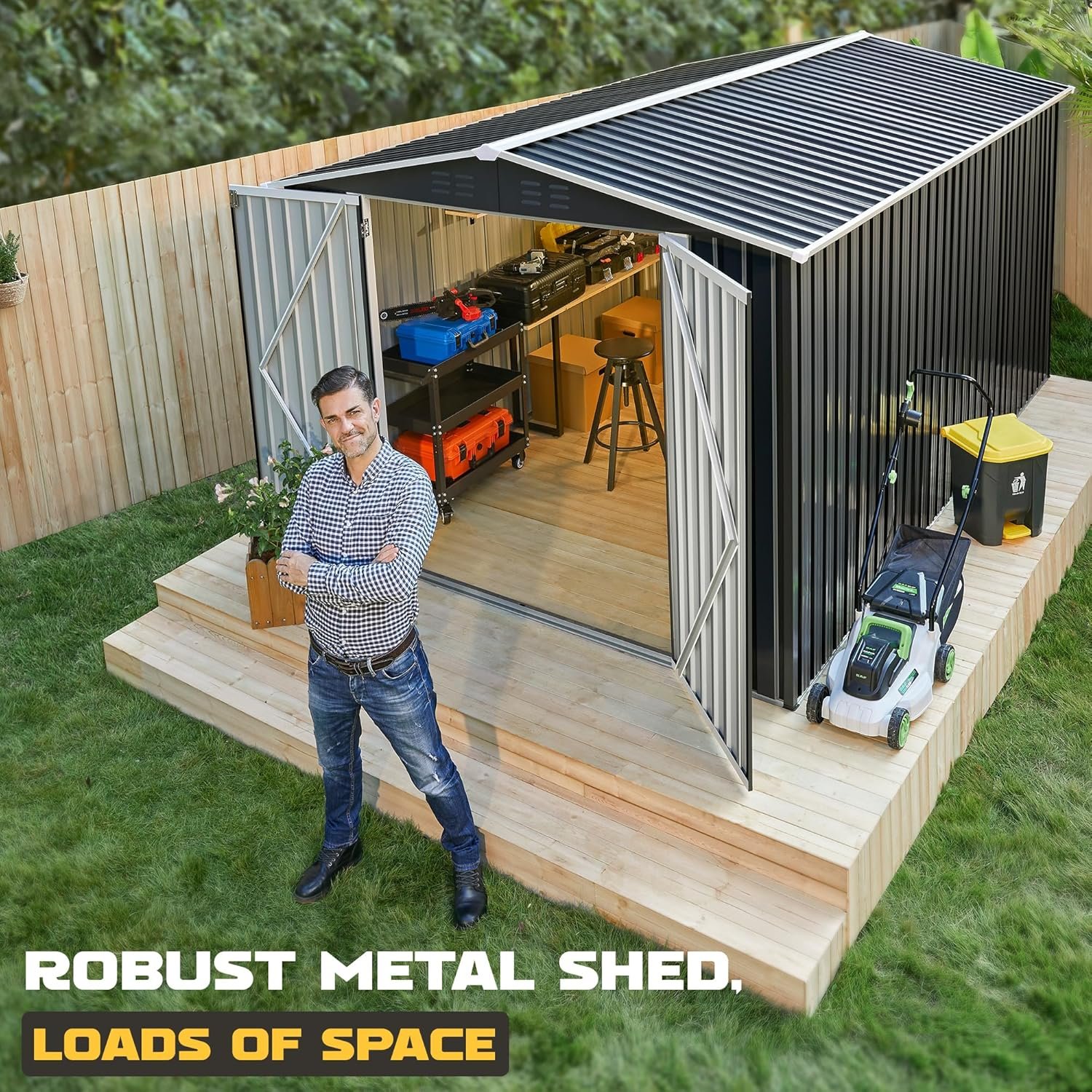 Polar Aurora 8 x 12 FT Outdoor Storage Shed, Metal Garden Shed with Updated Frame Structure, Tool Sheds for Backyard Garden Patio Lawn Black Polar Aurora 8 x 12 FT Outdoor Storage Shed, Metal Garden Shed with Updated Frame Structure, Tool Sheds for Backyard Garden Patio Lawn Black