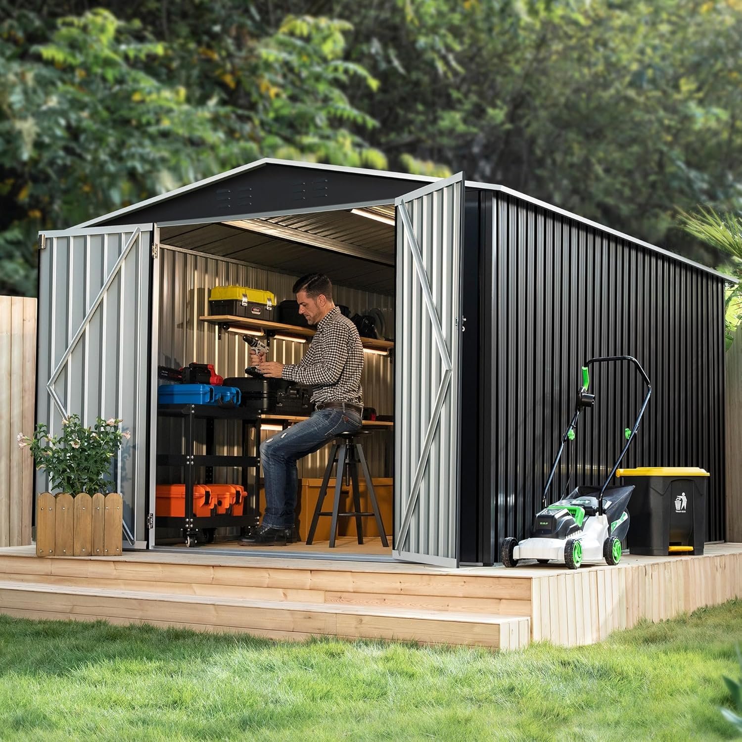 Polar Aurora 8 x 12 FT Outdoor Storage Shed, Metal Garden Shed with Updated Frame Structure, Tool Sheds for Backyard Garden Patio Lawn Black Polar Aurora 8 x 12 FT Outdoor Storage Shed, Metal Garden Shed with Updated Frame Structure, Tool Sheds for Backyard Garden Patio Lawn Black