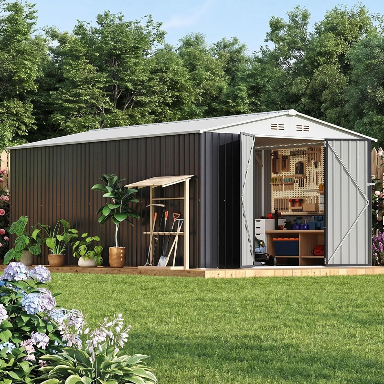 Polar Aurora 8 x 12 FT Outdoor Storage Shed, Metal Garden Shed with Updated Frame Structure, Tool Sheds for Backyard Garden Patio Lawn Black Polar Aurora 8 x 12 FT Outdoor Storage Shed, Metal Garden Shed with Updated Frame Structure, Tool Sheds for Backyard Garden Patio Lawn Black
