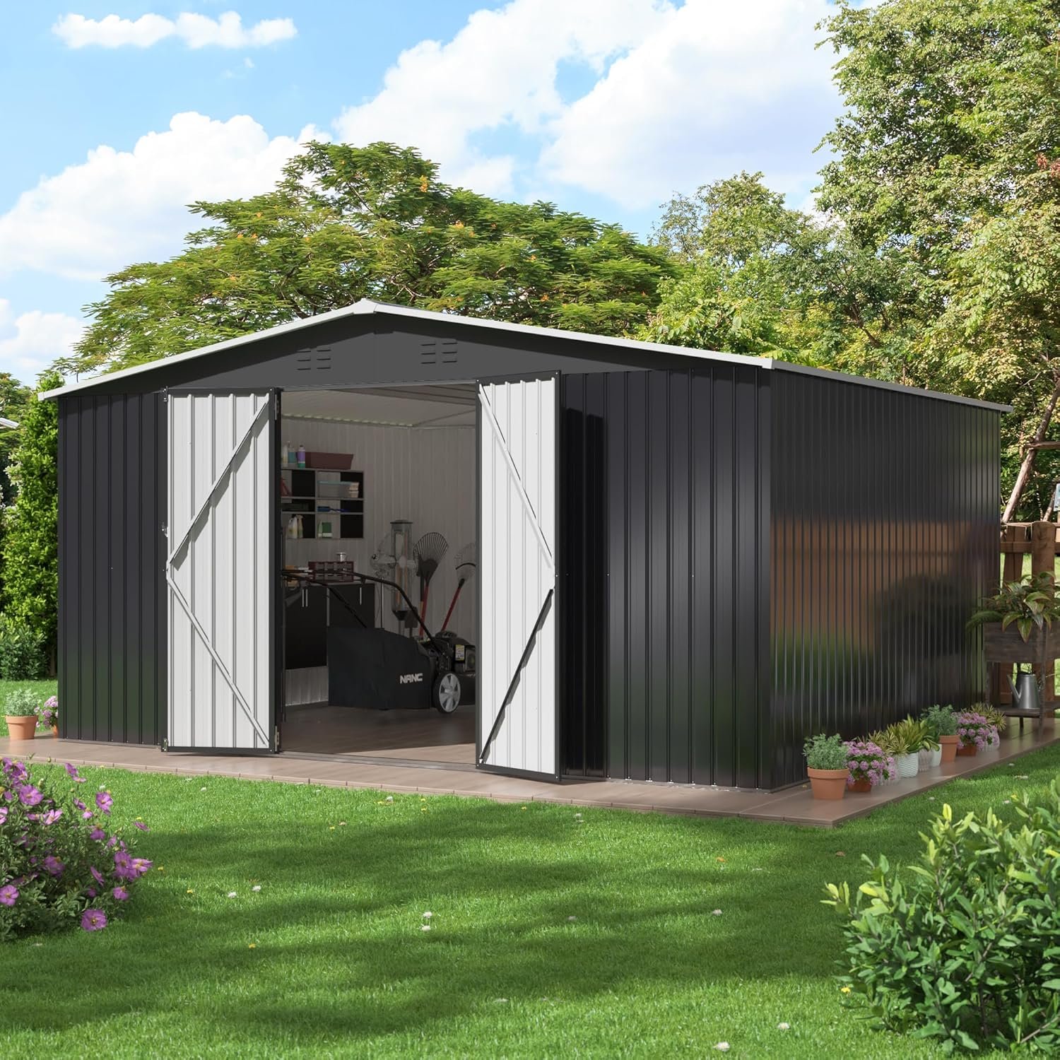 Polar Aurora 8 x 12 FT Outdoor Storage Shed, Metal Garden Shed with Updated Frame Structure, Tool Sheds for Backyard Garden Patio Lawn Black Polar Aurora 8 x 12 FT Outdoor Storage Shed, Metal Garden Shed with Updated Frame Structure, Tool Sheds for Backyard Garden Patio Lawn Black