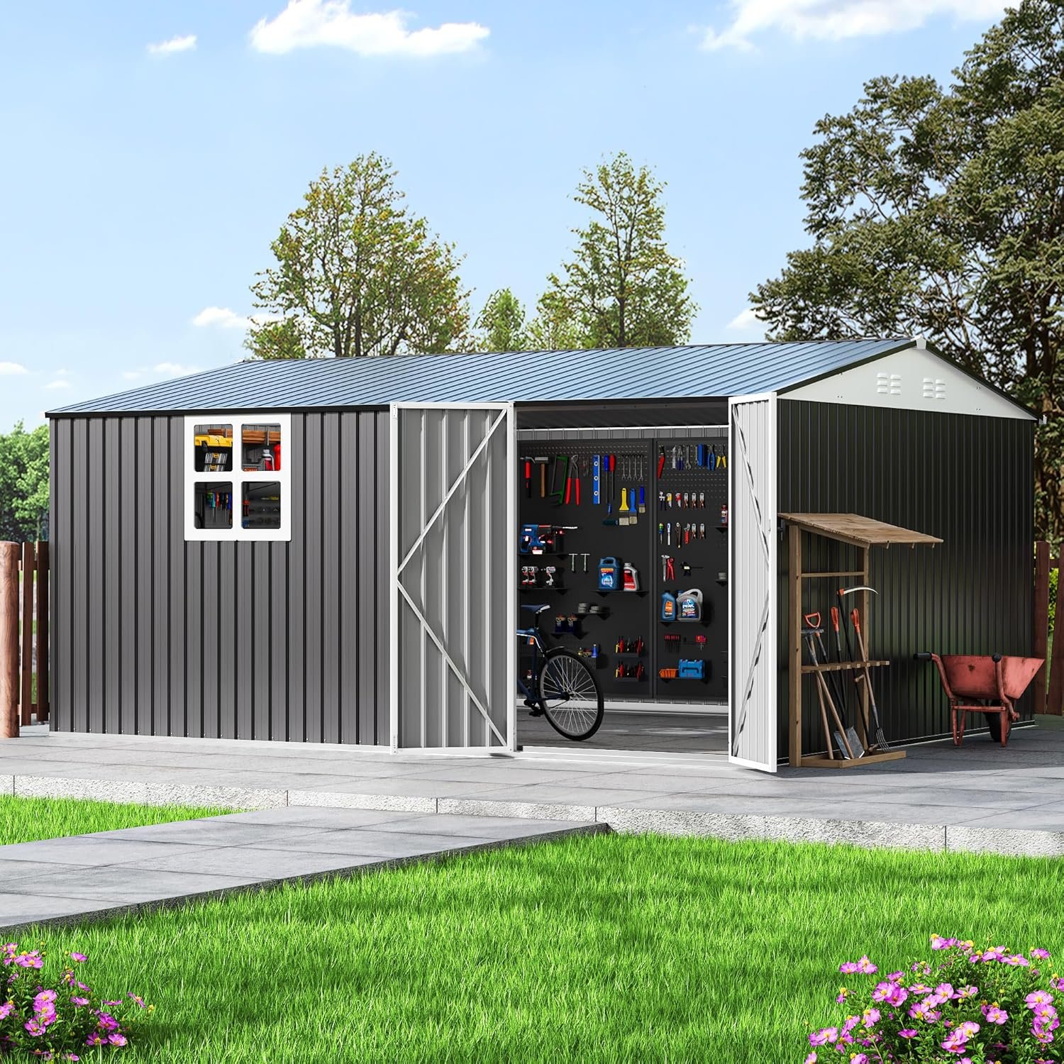 Polar Aurora 8 x 12 FT Outdoor Storage Shed, Metal Garden Shed with Updated Frame Structure, Tool Sheds for Backyard Garden Patio Lawn Black Polar Aurora 8 x 12 FT Outdoor Storage Shed, Metal Garden Shed with Updated Frame Structure, Tool Sheds for Backyard Garden Patio Lawn Black