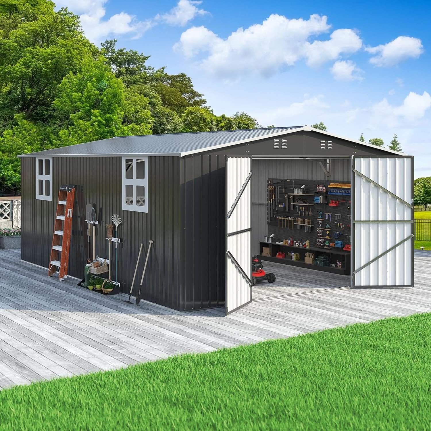 Polar Aurora 8 x 12 FT Outdoor Storage Shed, Metal Garden Shed with Updated Frame Structure, Tool Sheds for Backyard Garden Patio Lawn Black Polar Aurora 8 x 12 FT Outdoor Storage Shed, Metal Garden Shed with Updated Frame Structure, Tool Sheds for Backyard Garden Patio Lawn Black
