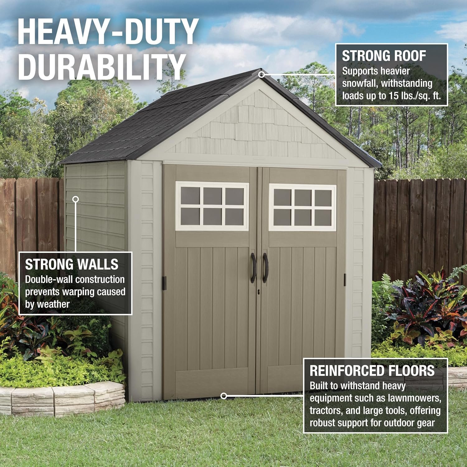 Rubbermaid 7 Foot by 7 Foot Weatherproof Outdoor Storage Shed for Garden Tools and Lawn Machinery Organization with Lockable Double Door Sandstone Rubbermaid 7 Foot by 7 Foot Weatherproof Outdoor Storage Shed for Garden Tools and Lawn Machinery Organization with Lockable Double Door Sandstone