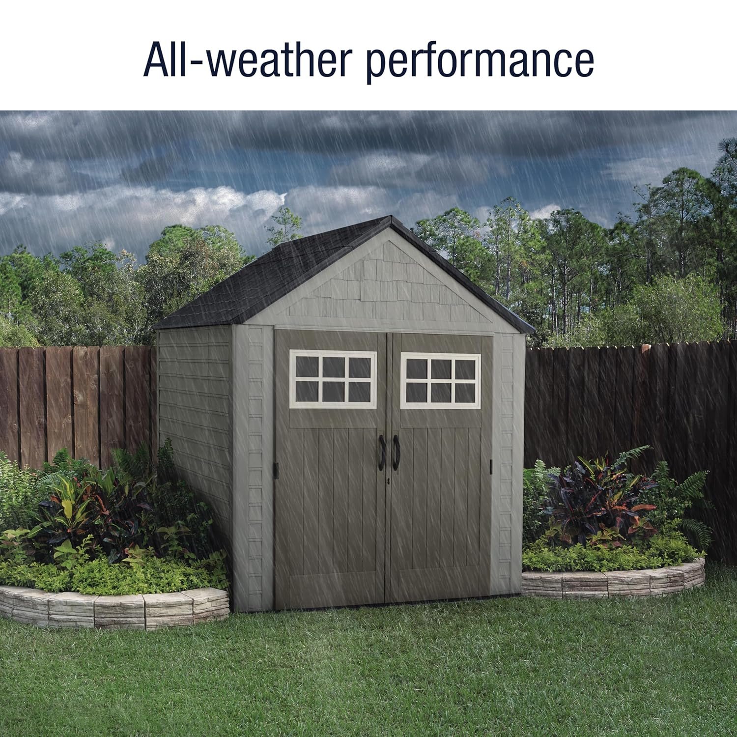Rubbermaid 7 Foot by 7 Foot Weatherproof Outdoor Storage Shed for Garden Tools and Lawn Machinery Organization with Lockable Double Door Sandstone Rubbermaid 7 Foot by 7 Foot Weatherproof Outdoor Storage Shed for Garden Tools and Lawn Machinery Organization with Lockable Double Door Sandstone