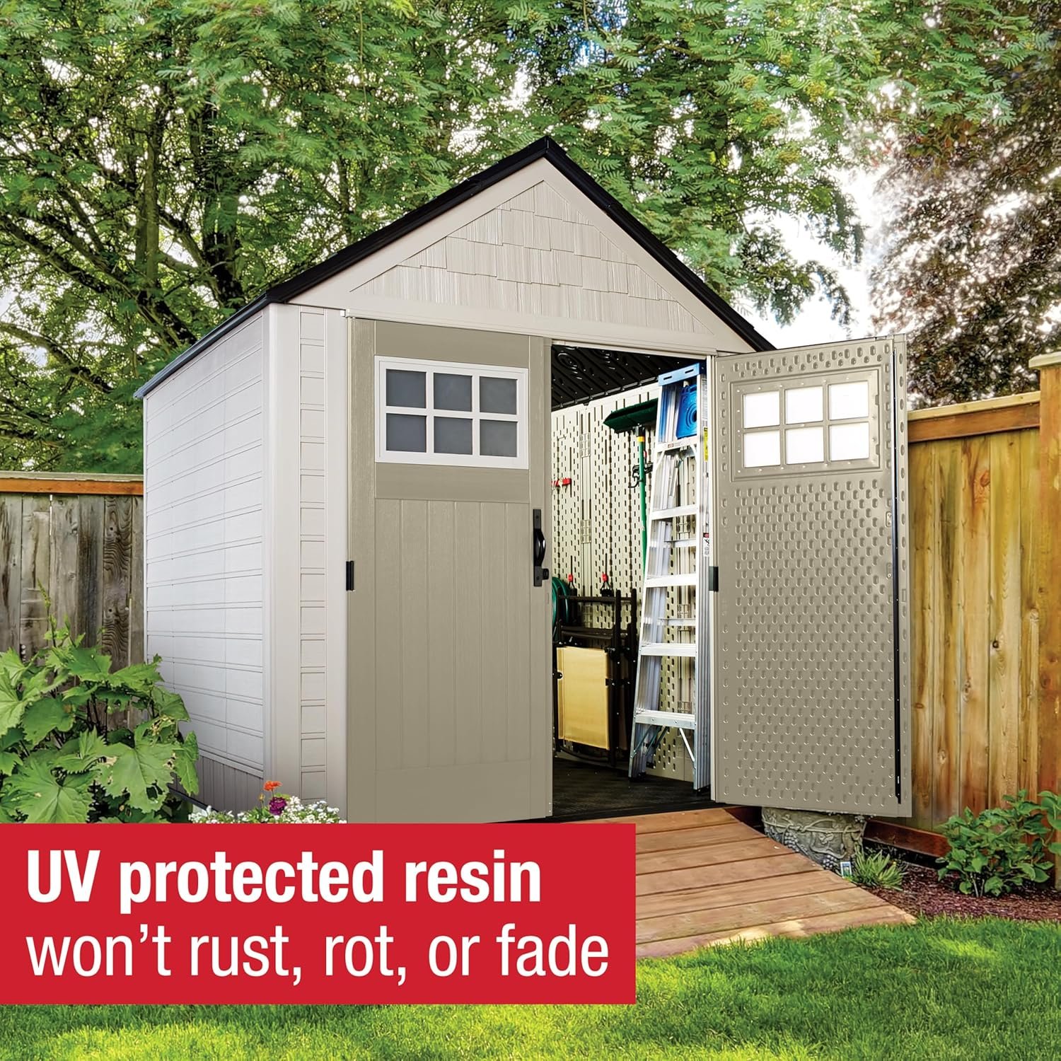Rubbermaid 7 Foot by 7 Foot Weatherproof Outdoor Storage Shed for Garden Tools and Lawn Machinery Organization with Lockable Double Door Sandstone Rubbermaid 7 Foot by 7 Foot Weatherproof Outdoor Storage Shed for Garden Tools and Lawn Machinery Organization with Lockable Double Door Sandstone