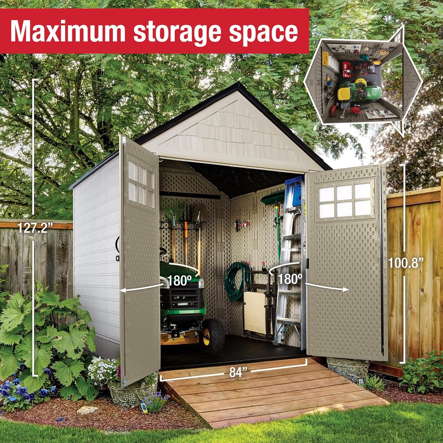 Rubbermaid 7 Foot by 7 Foot Weatherproof Outdoor Storage Shed for Garden Tools and Lawn Machinery Organization with Lockable Double Door Sandstone Rubbermaid 7 Foot by 7 Foot Weatherproof Outdoor Storage Shed for Garden Tools and Lawn Machinery Organization with Lockable Double Door Sandstone