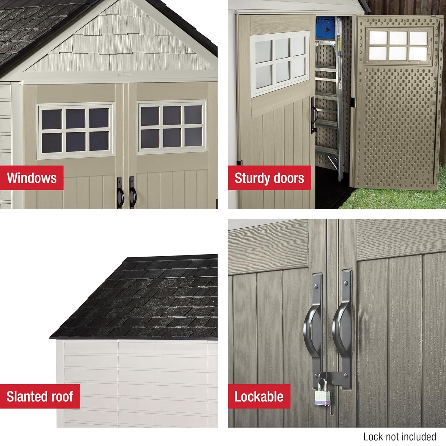 Rubbermaid 7 Foot by 7 Foot Weatherproof Outdoor Storage Shed for Garden Tools and Lawn Machinery Organization with Lockable Double Door Sandstone Rubbermaid 7 Foot by 7 Foot Weatherproof Outdoor Storage Shed for Garden Tools and Lawn Machinery Organization with Lockable Double Door Sandstone