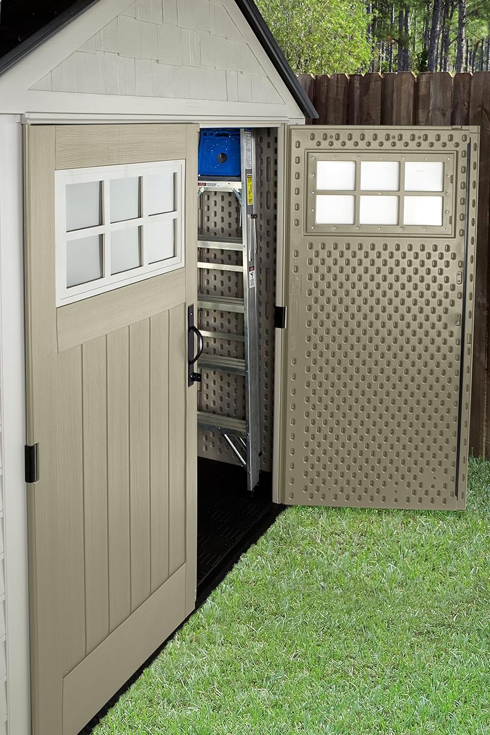 Rubbermaid 7 Foot by 7 Foot Weatherproof Outdoor Storage Shed for Garden Tools and Lawn Machinery Organization with Lockable Double Door Sandstone Rubbermaid 7 Foot by 7 Foot Weatherproof Outdoor Storage Shed for Garden Tools and Lawn Machinery Organization with Lockable Double Door Sandstone