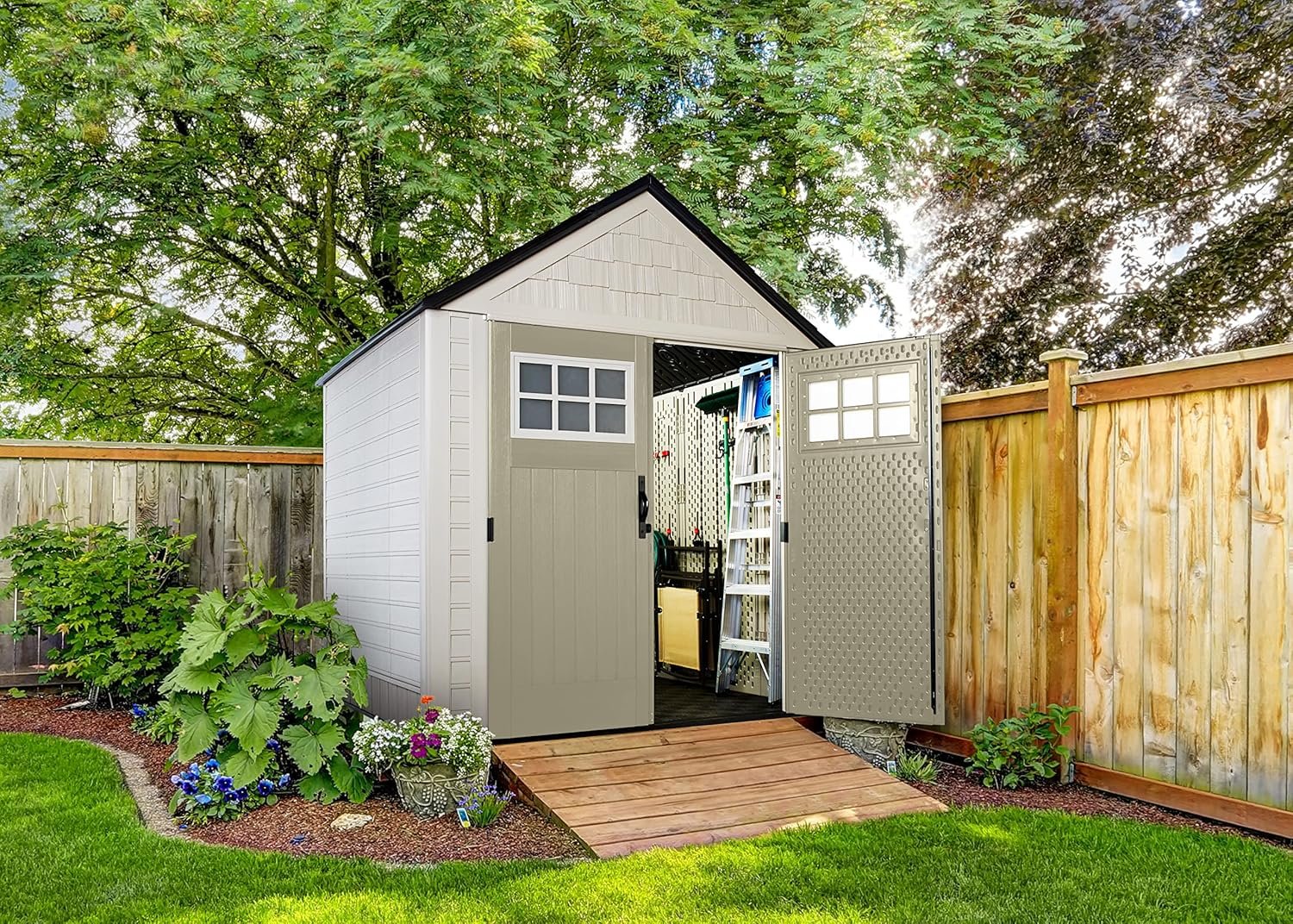 Rubbermaid 7 Foot by 7 Foot Weatherproof Outdoor Storage Shed for Garden Tools and Lawn Machinery Organization with Lockable Double Door Sandstone Rubbermaid 7 Foot by 7 Foot Weatherproof Outdoor Storage Shed for Garden Tools and Lawn Machinery Organization with Lockable Double Door Sandstone