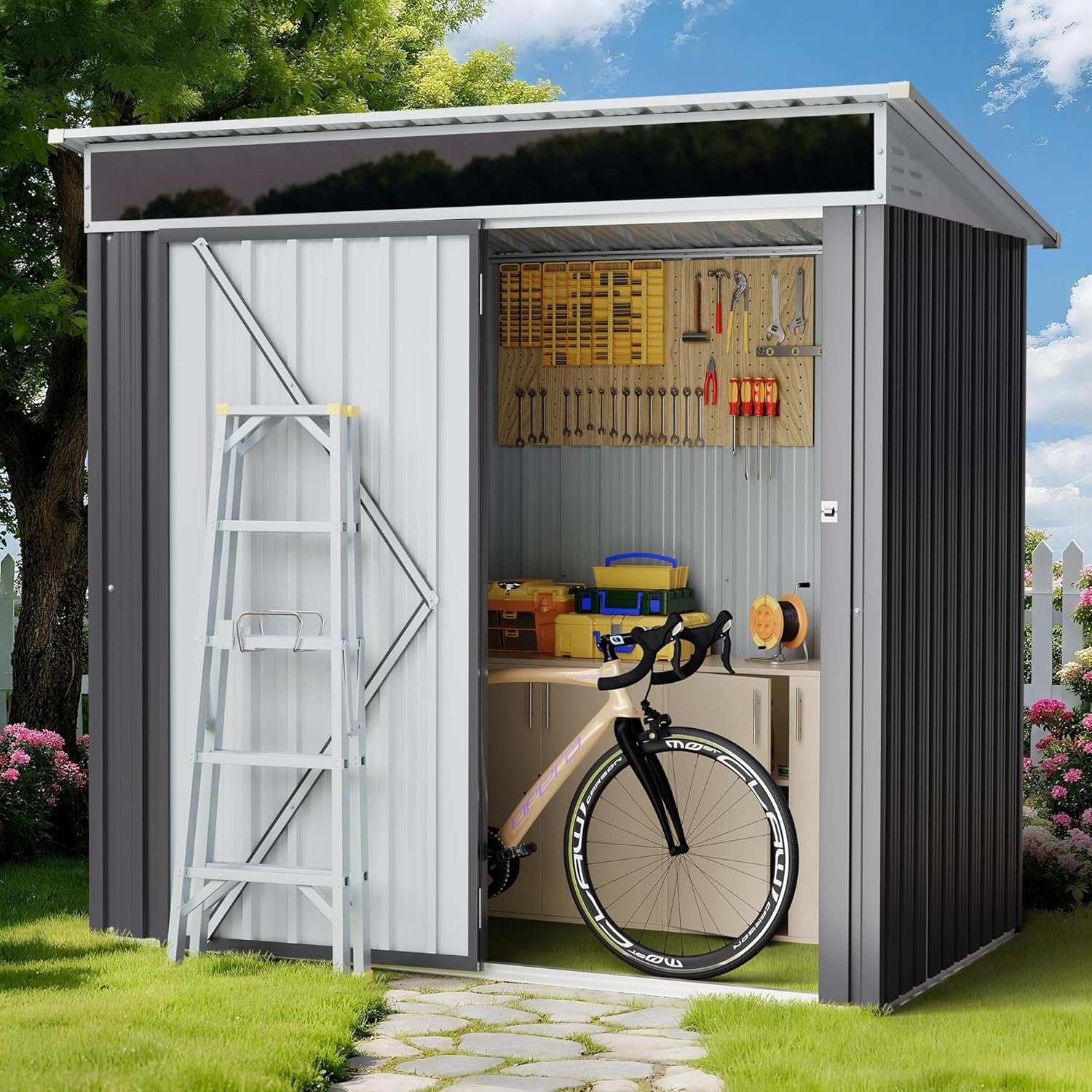 Shintenchi 5x3 FT Outdoor Storage Shed with Window, Outdoor Waterproof Storage Shed Metal Garden Shed with Lockable Single Door, Weather Resistant Tool Storage House Shed for... Shintenchi 5x3 FT Outdoor Storage Shed with Window, Outdoor Waterproof Storage Shed Metal Garden Shed with Lockable Single Door, Weather Resistant Tool Storage House Shed for...