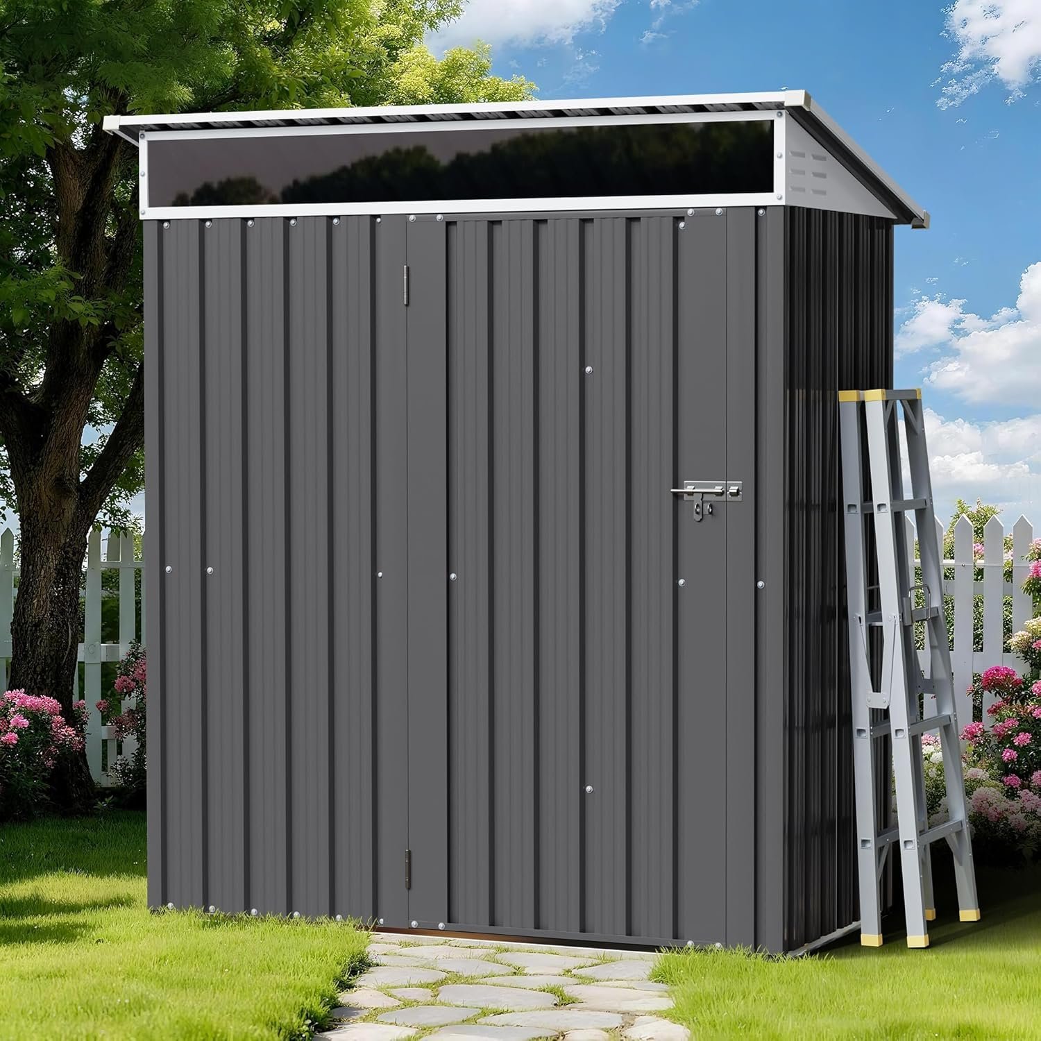 Shintenchi 5x3 FT Outdoor Storage Shed with Window, Outdoor Waterproof Storage Shed Metal Garden Shed with Lockable Single Door, Weather Resistant Tool Storage House Shed for...