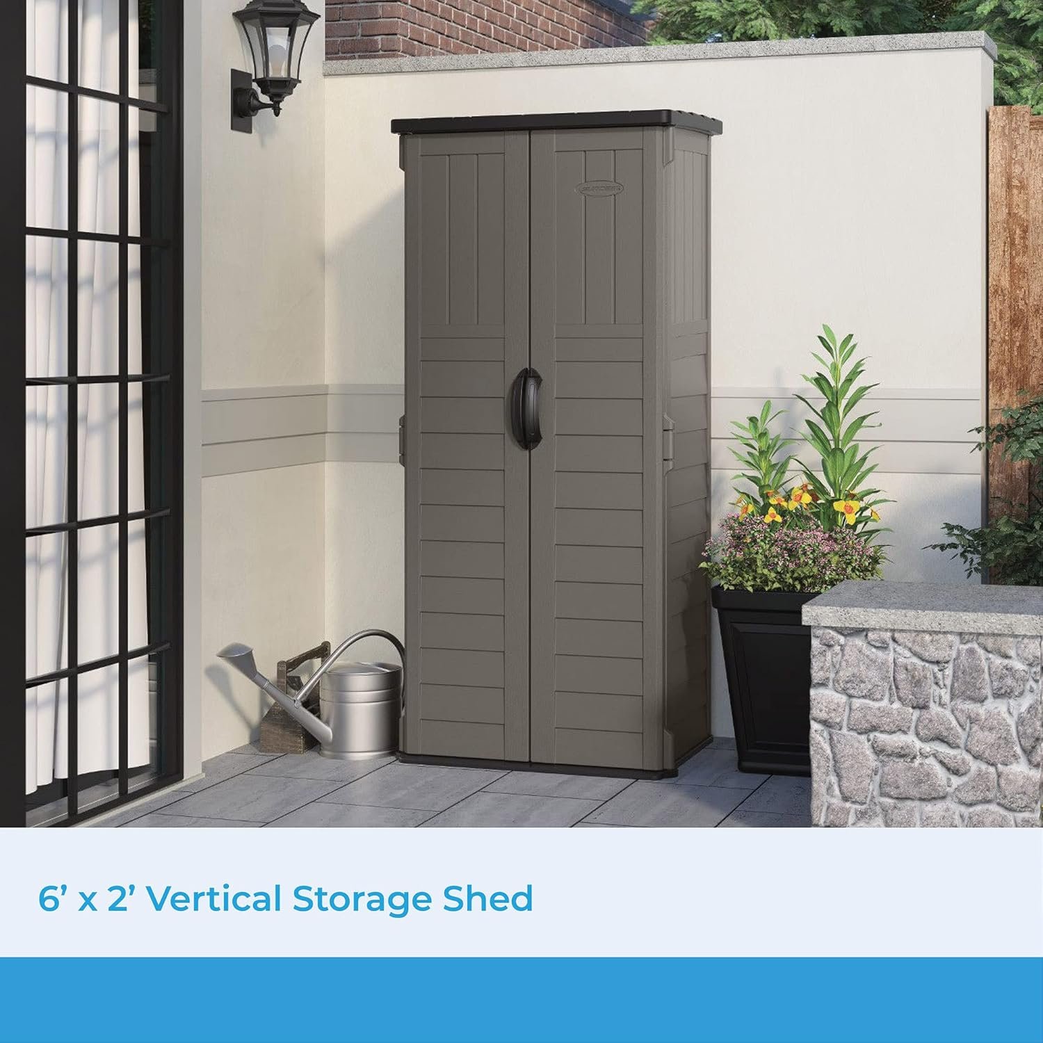 Suncast 22 Cubic Ft. Vertical Resin Outdoor Storage Shed with Lockable Double Doors, Weather-Resistant Multi-Wall Panels, Stoney Suncast 22 Cubic Ft. Vertical Resin Outdoor Storage Shed with Lockable Double Doors, Weather-Resistant Multi-Wall Panels, Stoney