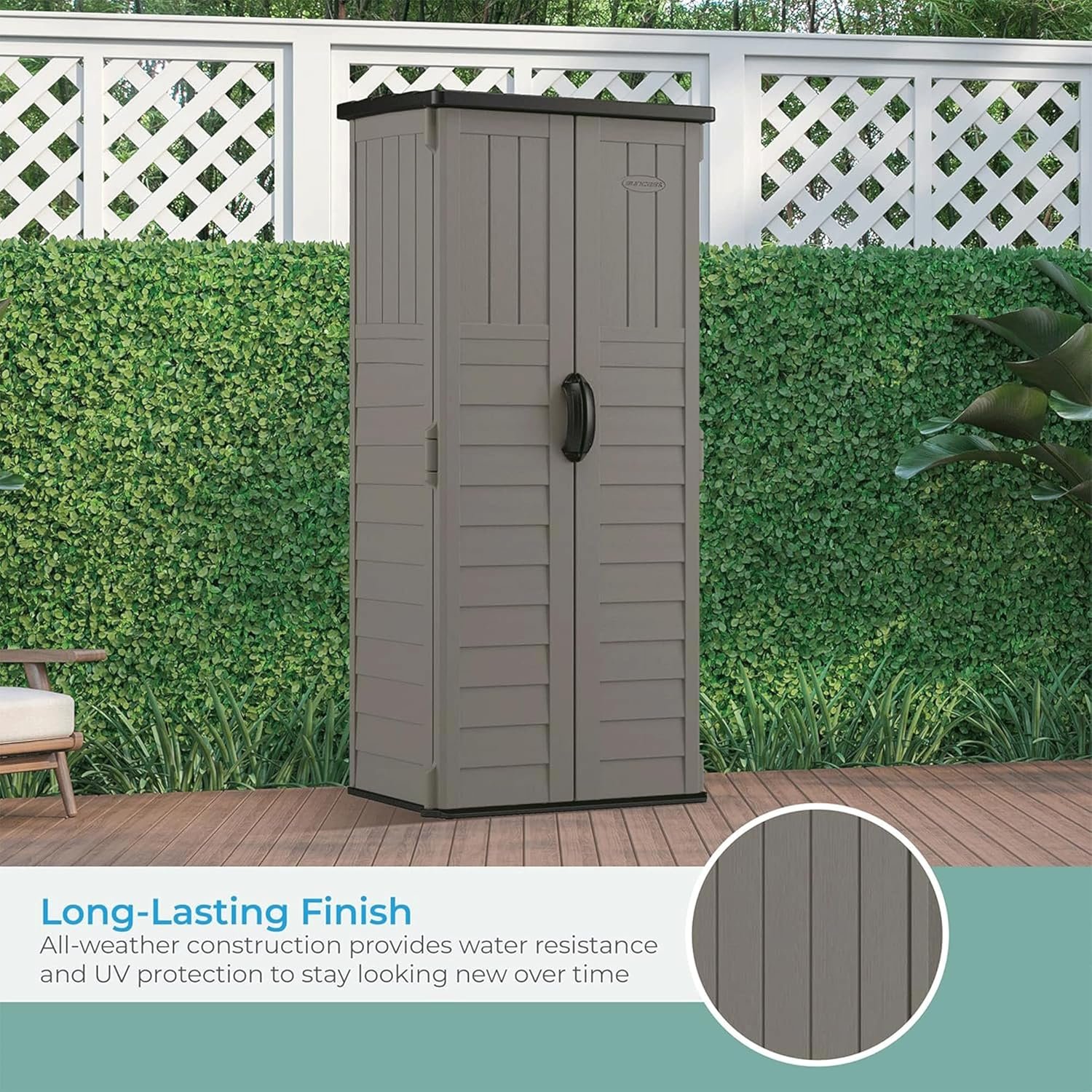 Suncast 22 Cubic Ft. Vertical Resin Outdoor Storage Shed with Lockable Double Doors, Weather-Resistant Multi-Wall Panels, Stoney Suncast 22 Cubic Ft. Vertical Resin Outdoor Storage Shed with Lockable Double Doors, Weather-Resistant Multi-Wall Panels, Stoney