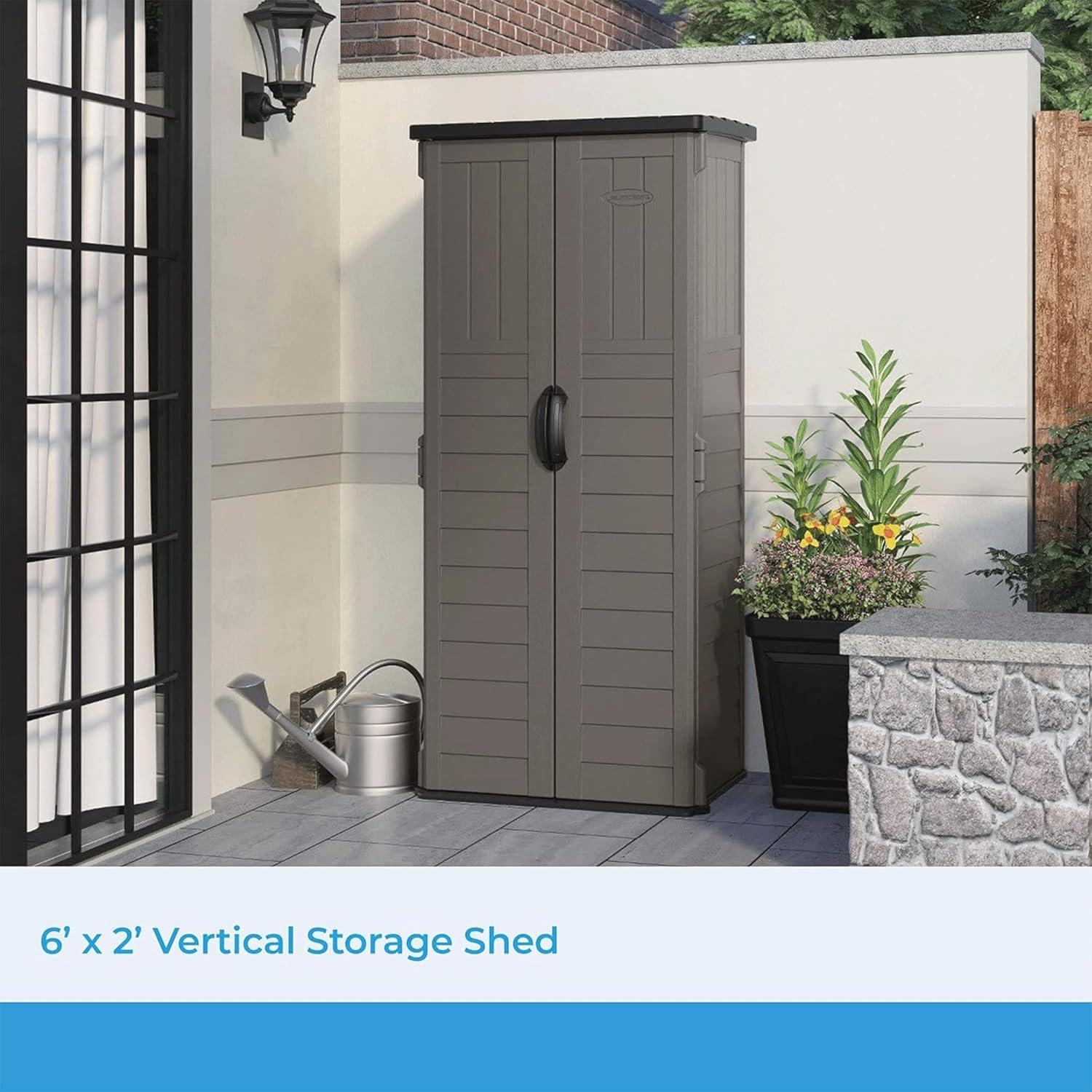 Suncast 22 Cubic Ft. Vertical Resin Outdoor Storage Shed with Lockable Double Doors, Weather-Resistant Multi-Wall Panels, Stoney Suncast 22 Cubic Ft. Vertical Resin Outdoor Storage Shed with Lockable Double Doors, Weather-Resistant Multi-Wall Panels, Stoney