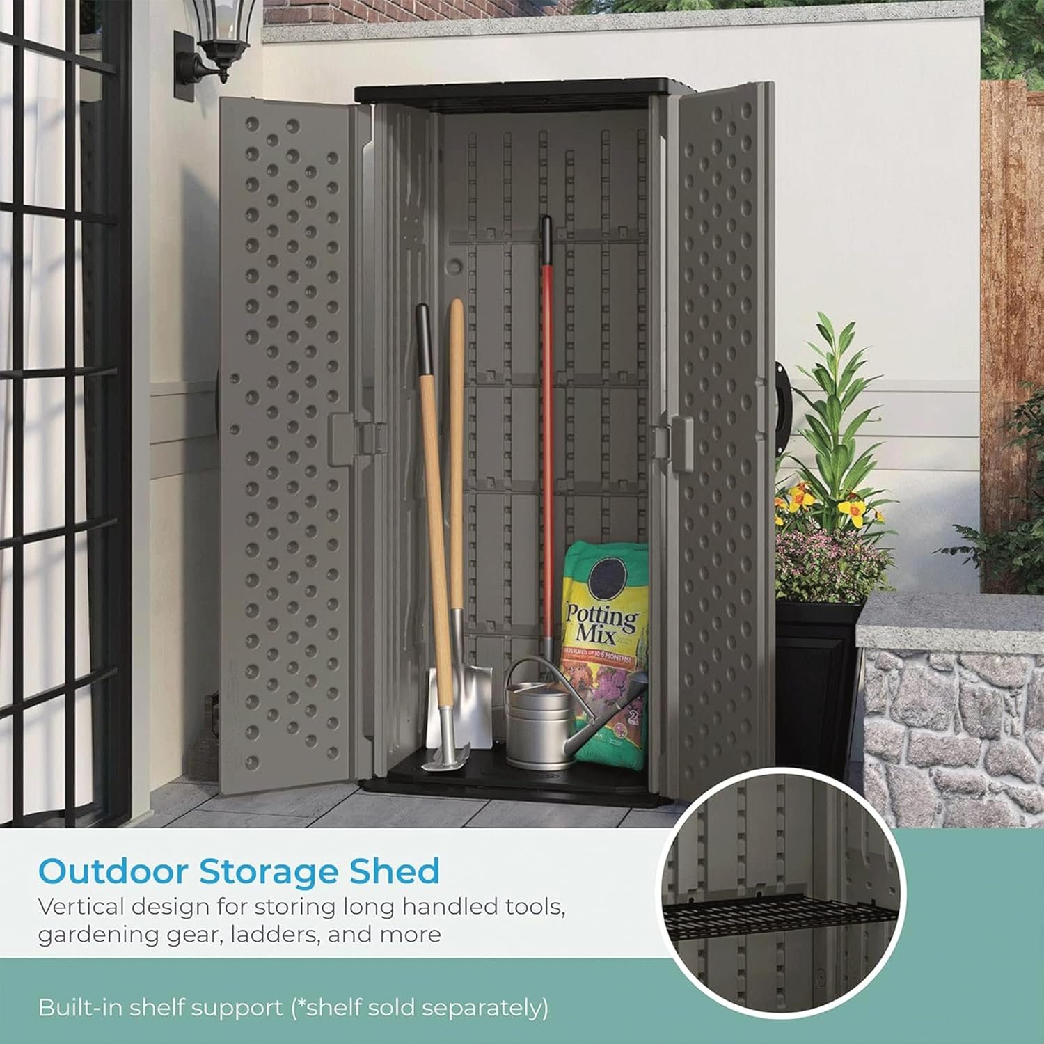Suncast 22 Cubic Ft. Vertical Resin Outdoor Storage Shed with Lockable Double Doors, Weather-Resistant Multi-Wall Panels, Stoney Suncast 22 Cubic Ft. Vertical Resin Outdoor Storage Shed with Lockable Double Doors, Weather-Resistant Multi-Wall Panels, Stoney