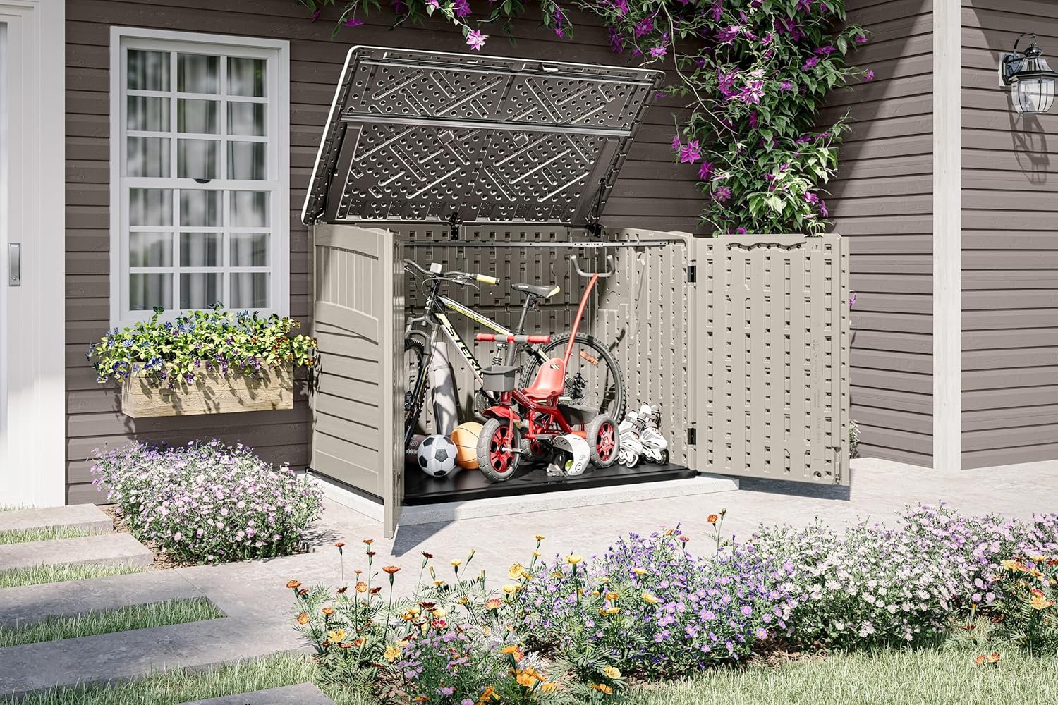Suncast 5.9 ft. x 3.7 ft Horizontal Stow-Away Storage Shed - Natural Wood-Like Outdoor Storage for Trash Cans and Yard Tools - All-Weather Resin, Hinged Lid, Reinforced Floor -... Suncast 5.9 ft. x 3.7 ft Horizontal Stow-Away Storage Shed - Natural Wood-Like Outdoor Storage for Trash Cans and Yard Tools - All-Weather Resin, Hinged Lid, Reinforced Floor -...