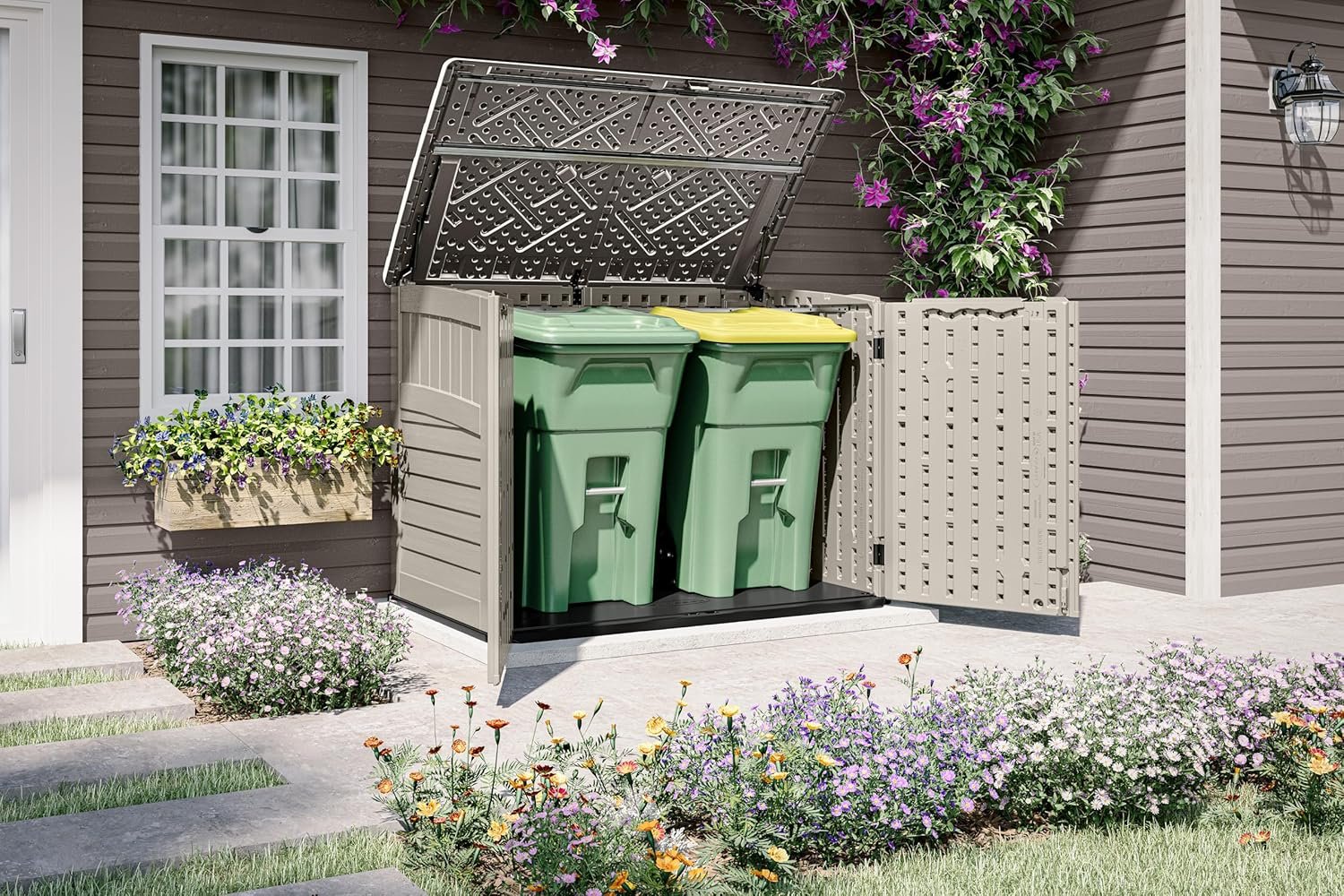 Suncast 5.9 ft. x 3.7 ft Horizontal Stow-Away Storage Shed - Natural Wood-Like Outdoor Storage for Trash Cans and Yard Tools - All-Weather Resin, Hinged Lid, Reinforced Floor -... Suncast 5.9 ft. x 3.7 ft Horizontal Stow-Away Storage Shed - Natural Wood-Like Outdoor Storage for Trash Cans and Yard Tools - All-Weather Resin, Hinged Lid, Reinforced Floor -...