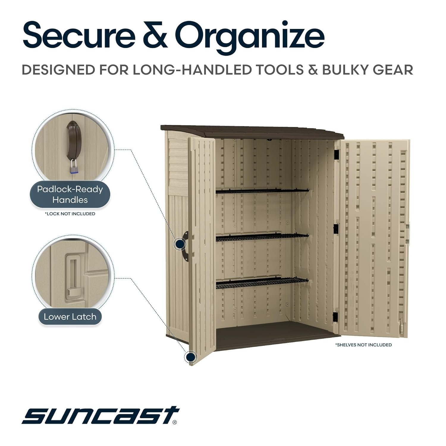 Suncast Outdoor Storage Shed, Water Resistant Resin Vertical Outdoor Storage Cabinet for Patio, Garden Tools, Cushions, & Equipment, Weatherproof Multi-Wall Design, 54 cu. ft.,... Suncast Outdoor Storage Shed, Water Resistant Resin Vertical Outdoor Storage Cabinet for Patio, Garden Tools, Cushions, & Equipment, Weatherproof Multi-Wall Design, 54 cu. ft.,...