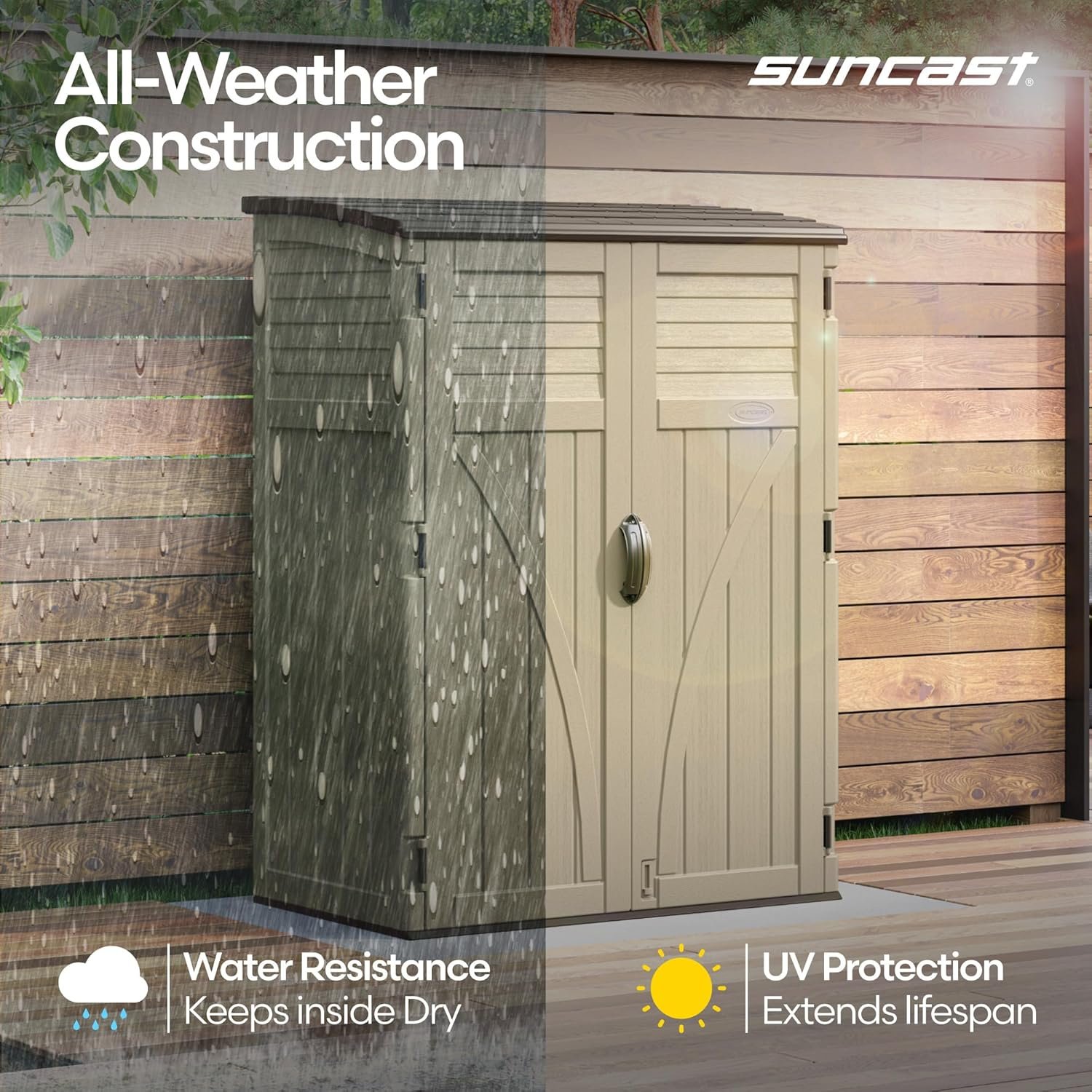 Suncast Outdoor Storage Shed, Water Resistant Resin Vertical Outdoor Storage Cabinet for Patio, Garden Tools, Cushions, & Equipment, Weatherproof Multi-Wall Design, 54 cu. ft.,... Suncast Outdoor Storage Shed, Water Resistant Resin Vertical Outdoor Storage Cabinet for Patio, Garden Tools, Cushions, & Equipment, Weatherproof Multi-Wall Design, 54 cu. ft.,...