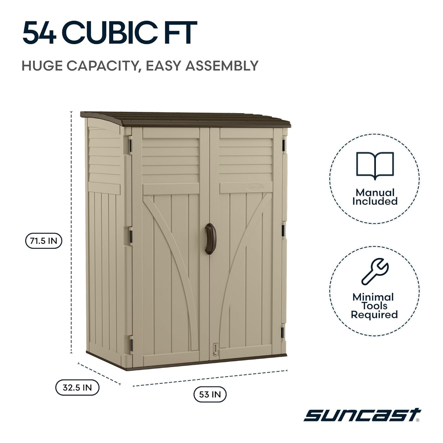 Suncast Outdoor Storage Shed, Water Resistant Resin Vertical Outdoor Storage Cabinet for Patio, Garden Tools, Cushions, & Equipment, Weatherproof Multi-Wall Design, 54 cu. ft.,... Suncast Outdoor Storage Shed, Water Resistant Resin Vertical Outdoor Storage Cabinet for Patio, Garden Tools, Cushions, & Equipment, Weatherproof Multi-Wall Design, 54 cu. ft.,...