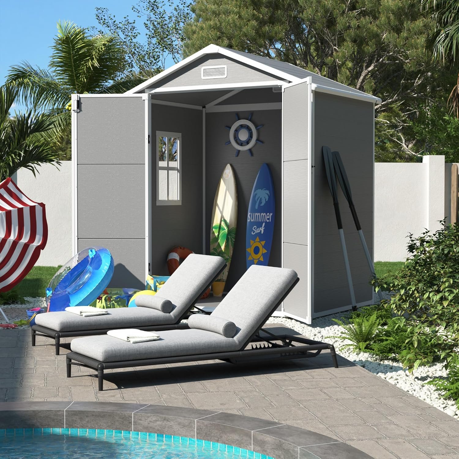 UDPATIO Outdoor Resin Storage Shed 6x4.5 FT, Plastic Garden Shed for Bike, Garbage Can, Tool, Outside Sheds with Lockable Door for Backyard, Patio, Lawn, Grey & White UDPATIO Outdoor Resin Storage Shed 6x4.5 FT, Plastic Garden Shed for Bike, Garbage Can, Tool, Outside Sheds with Lockable Door for Backyard, Patio, Lawn, Grey & White