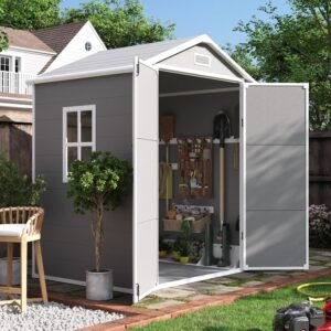 UDPATIO Outdoor Storage Shed 6x4 FT, Garden Resin Shed for Bike, Garbage Can, Tools, Outside Plastic Sheds with Floor for Backyard, Patio, Lawn, Grey & White