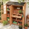 Merax Outdoor Wood Large Patio Garden Storage Shed with Waterproof Roof, 3 Doors Storage Cabinet with Workstation, 7 Storage Shelves, 2 Drawers and 6 Hooks for Backyard, Natural